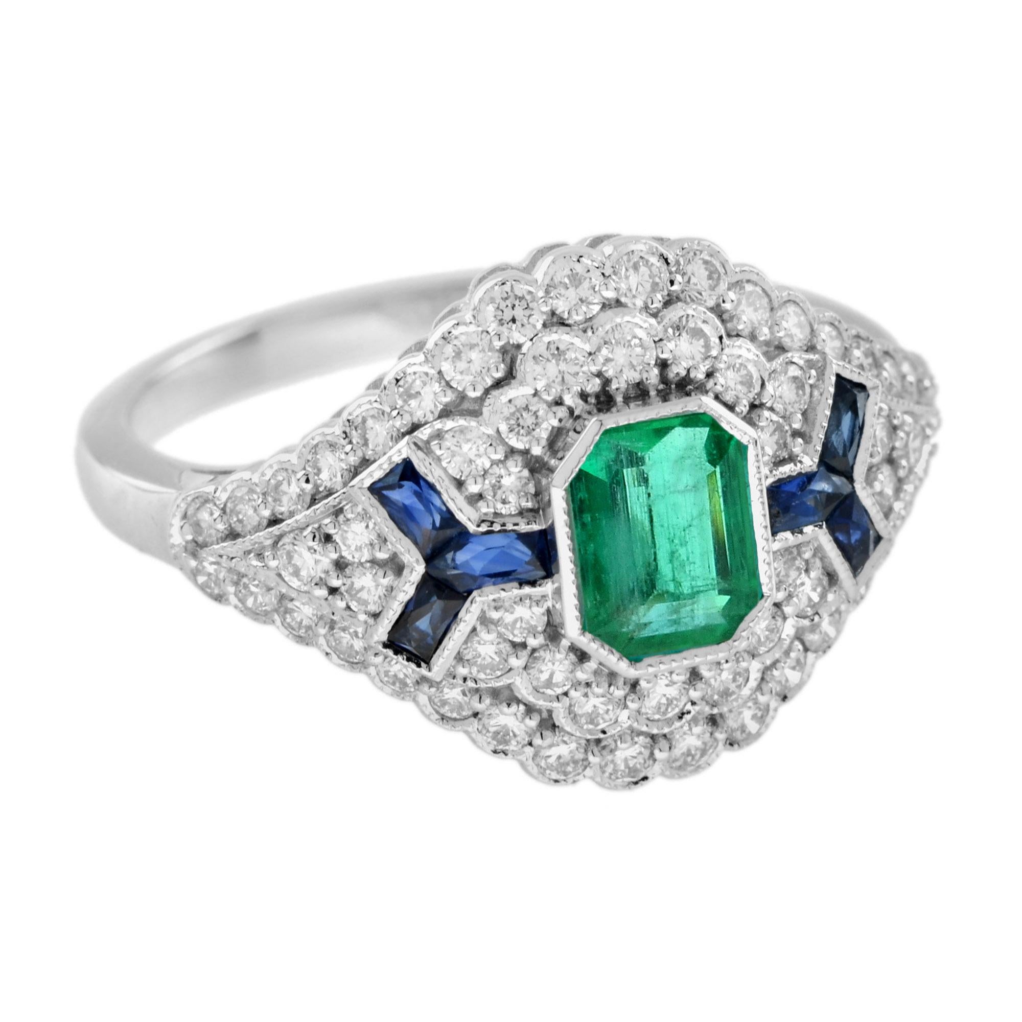 Emerald Cut Emerald Sapphire Diamond Art Deco Style Engagement Ring in 18K White Gold For Sale