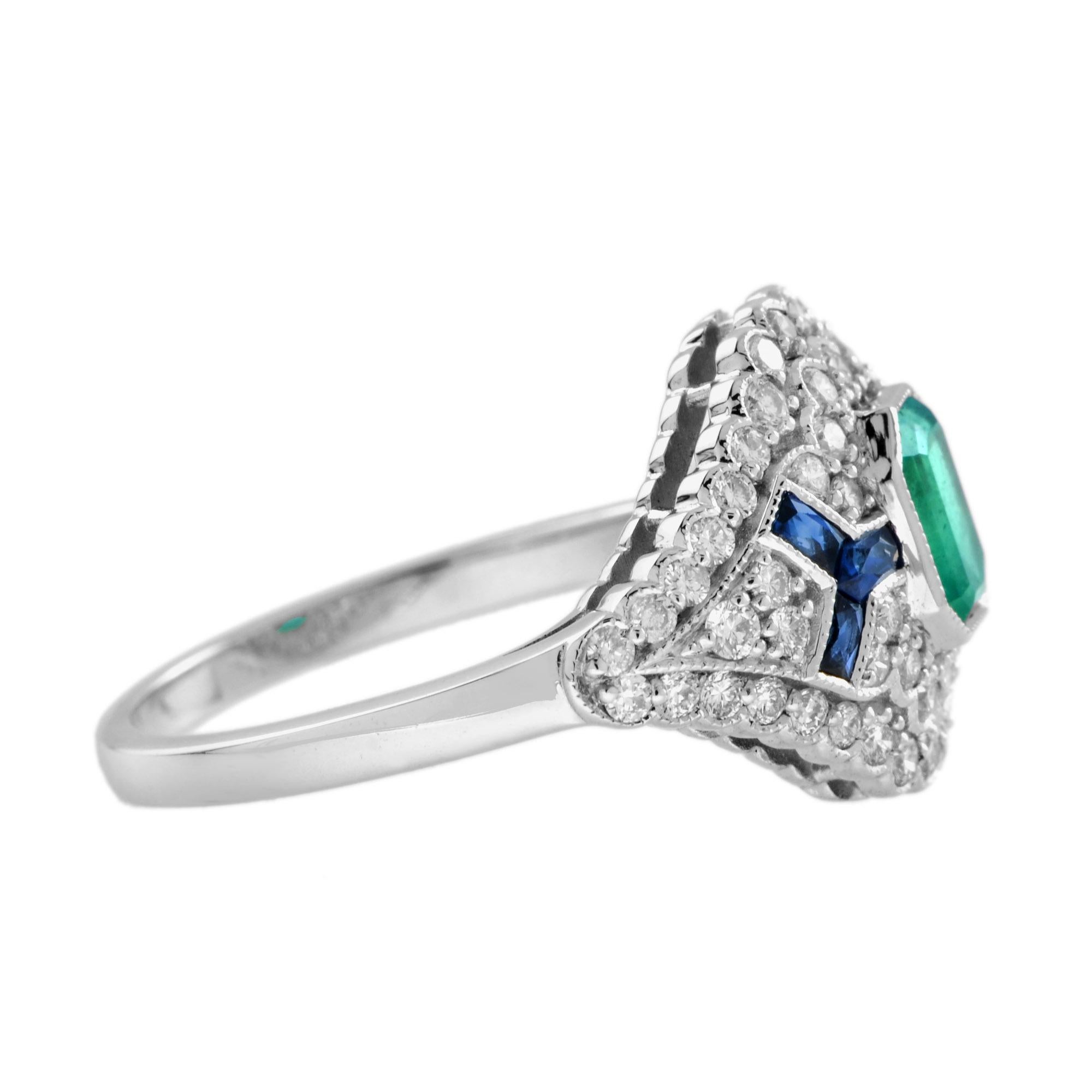 Emerald Sapphire Diamond Art Deco Style Engagement Ring in 18K White Gold In New Condition For Sale In Bangkok, TH