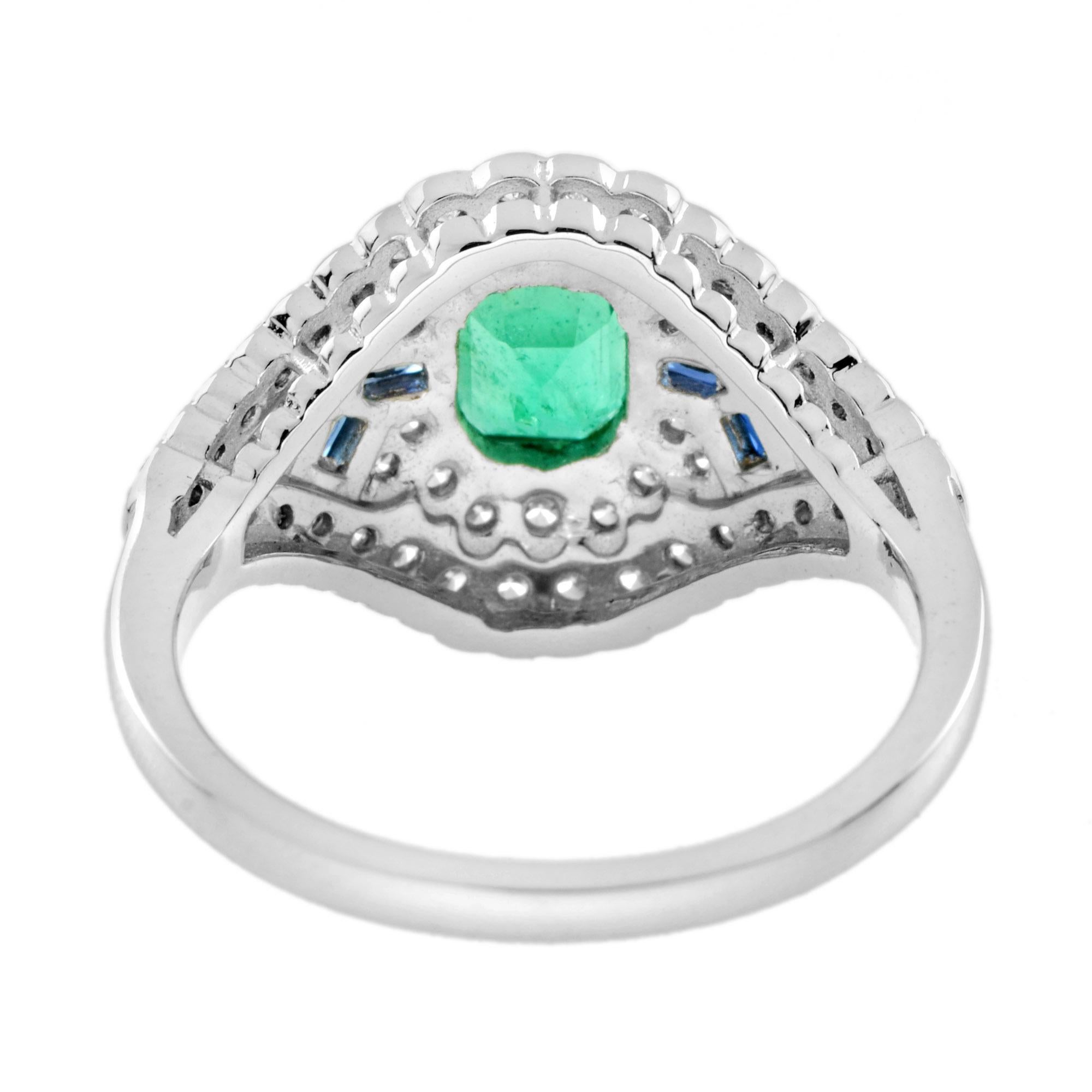 Women's Emerald Sapphire Diamond Art Deco Style Engagement Ring in 18K White Gold For Sale