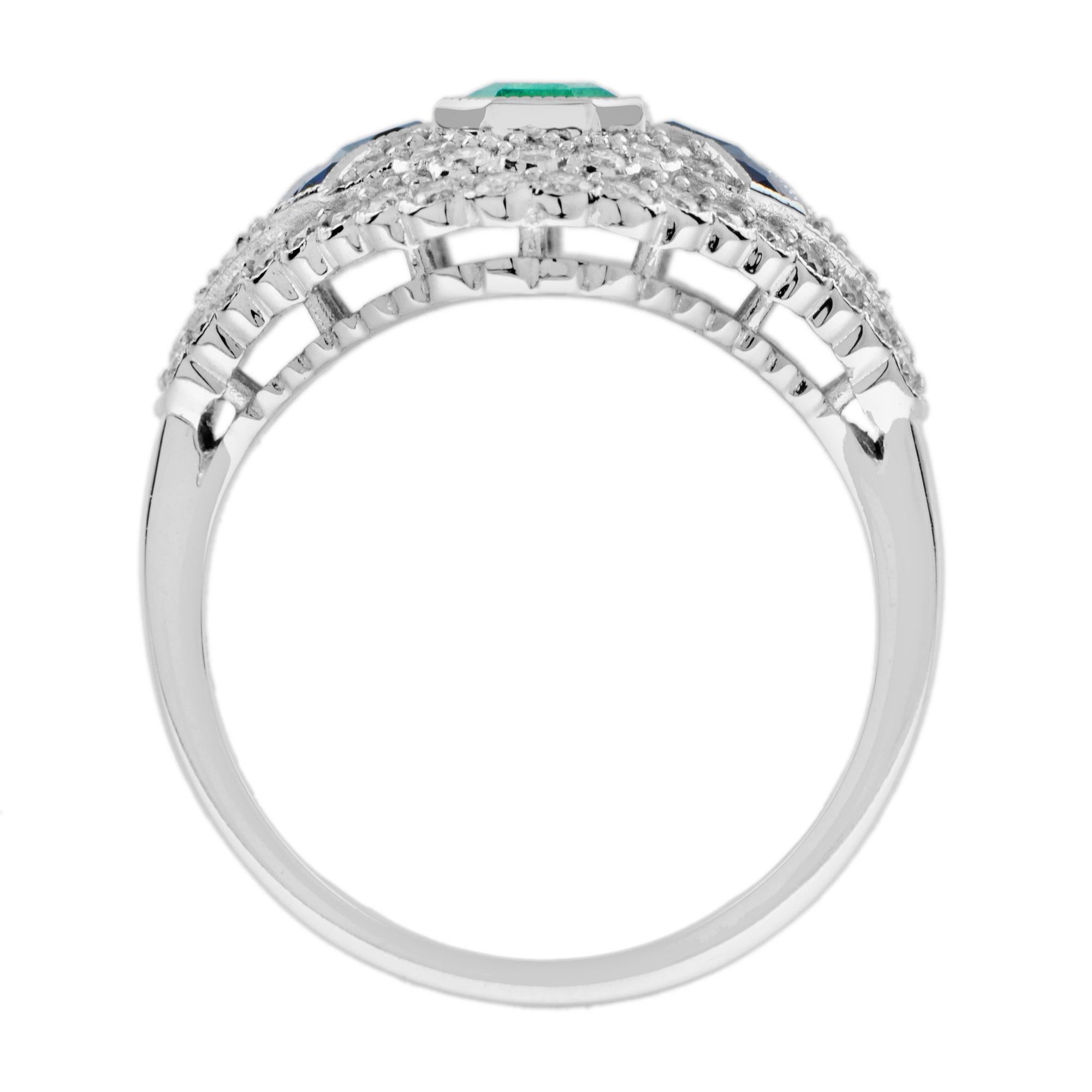 Emerald Sapphire Diamond Art Deco Style Engagement Ring in 18K White Gold For Sale 1