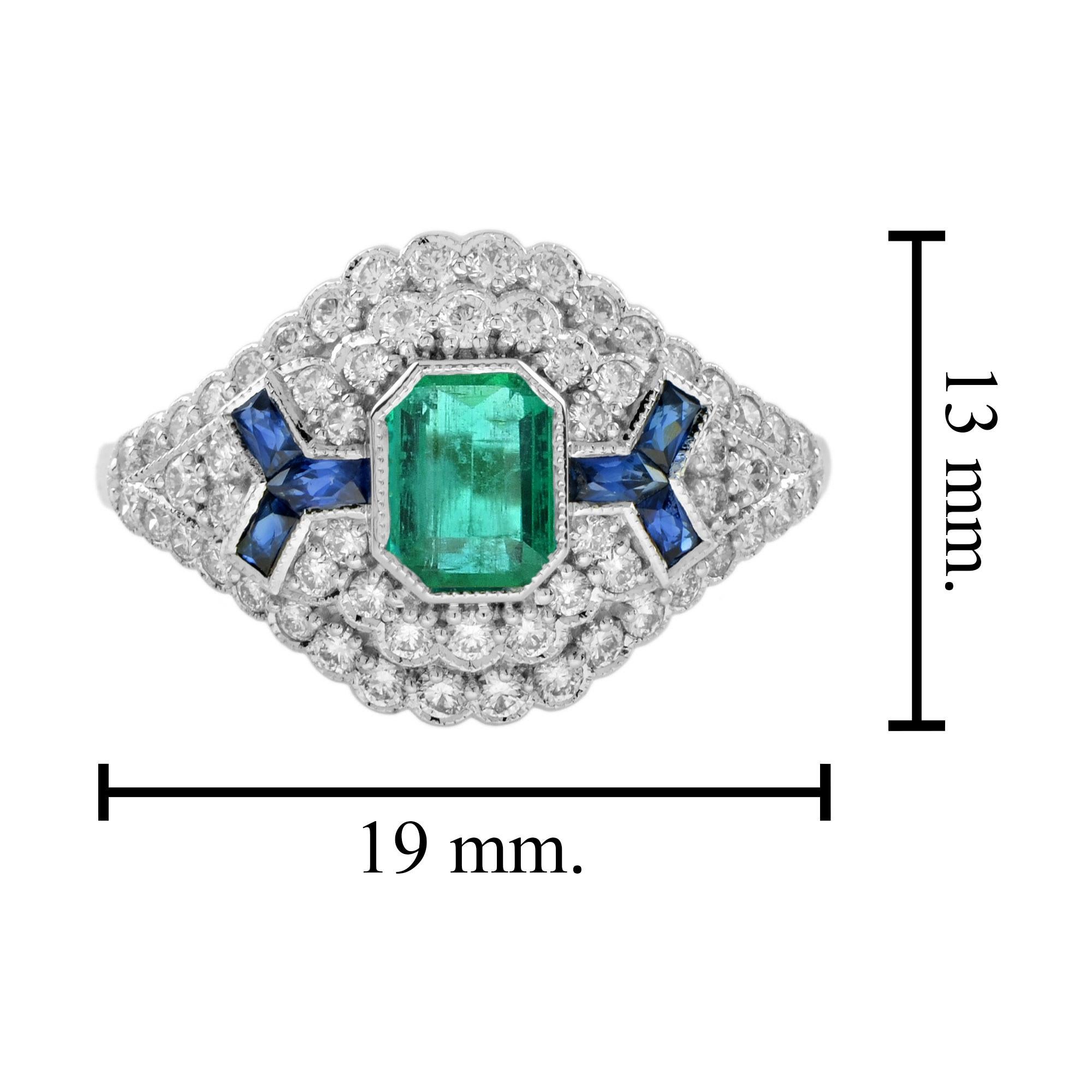 Emerald Sapphire Diamond Art Deco Style Engagement Ring in 18K White Gold For Sale 2