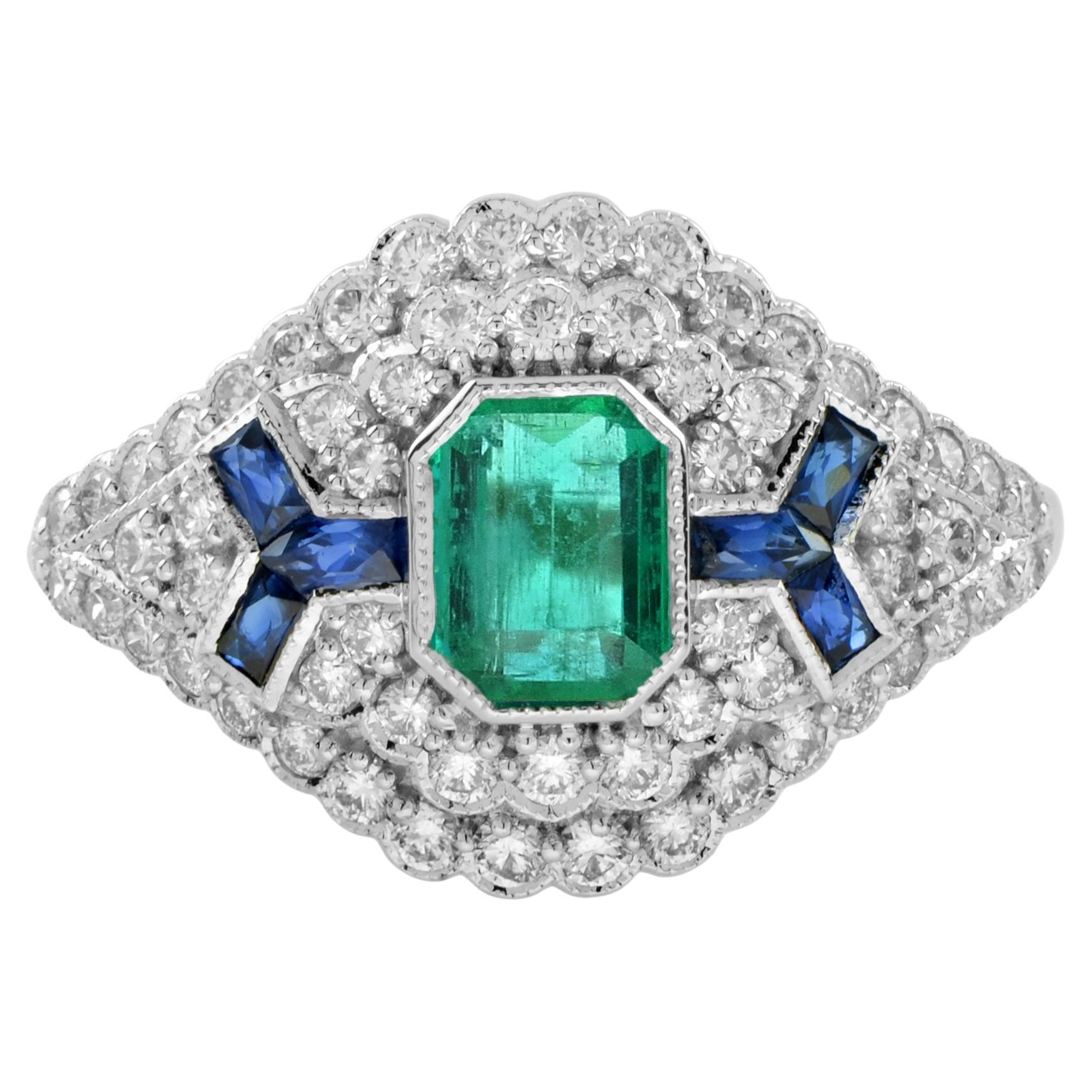Emerald Sapphire Diamond Art Deco Style Engagement Ring in 18K White Gold