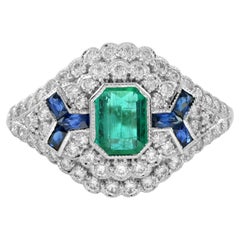 Emerald Sapphire Diamond Art Deco Style Engagement Ring in 18K White Gold