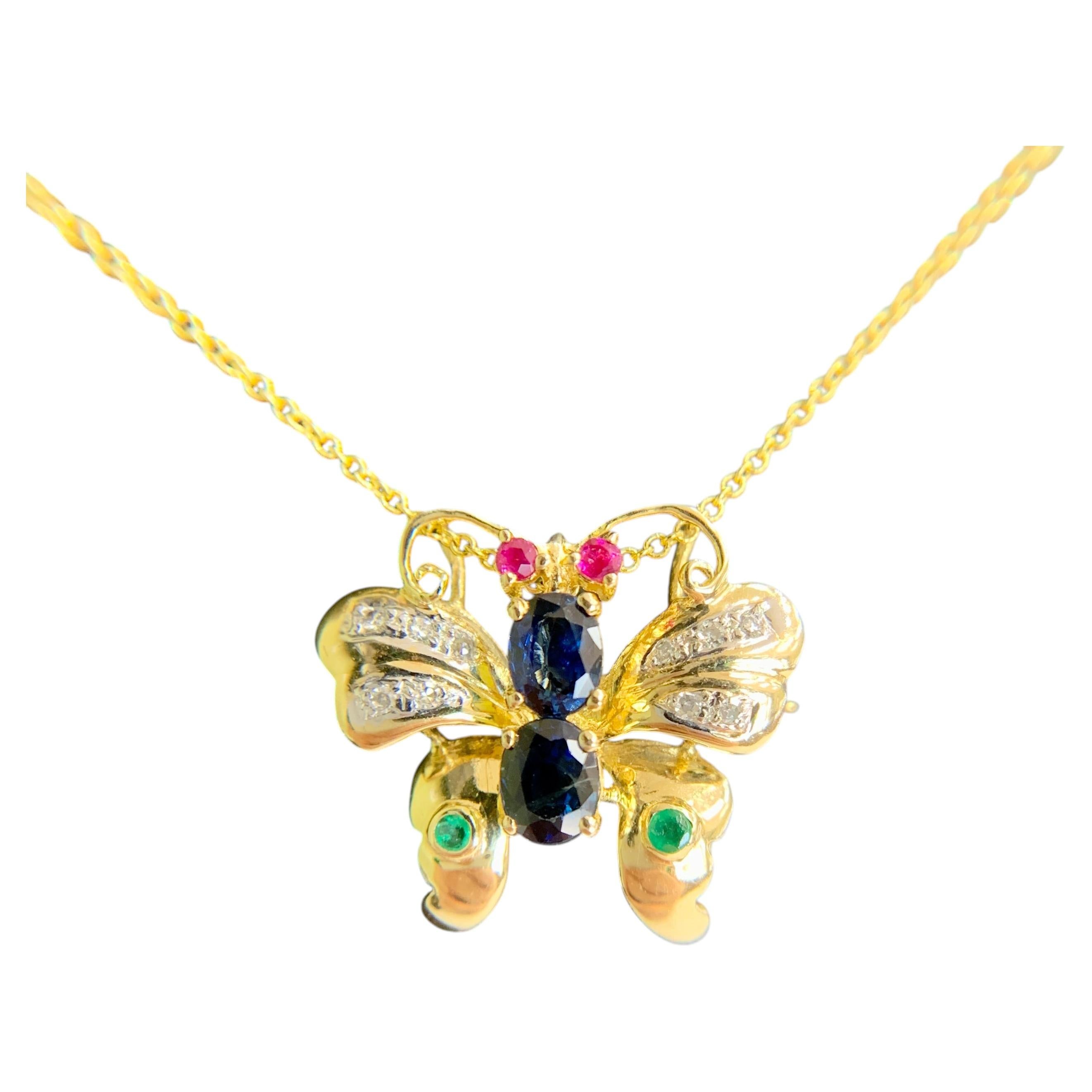 Esmeralda Zafiro Diamante Mariposa Collar Broche Oro Amarillo 14k en venta