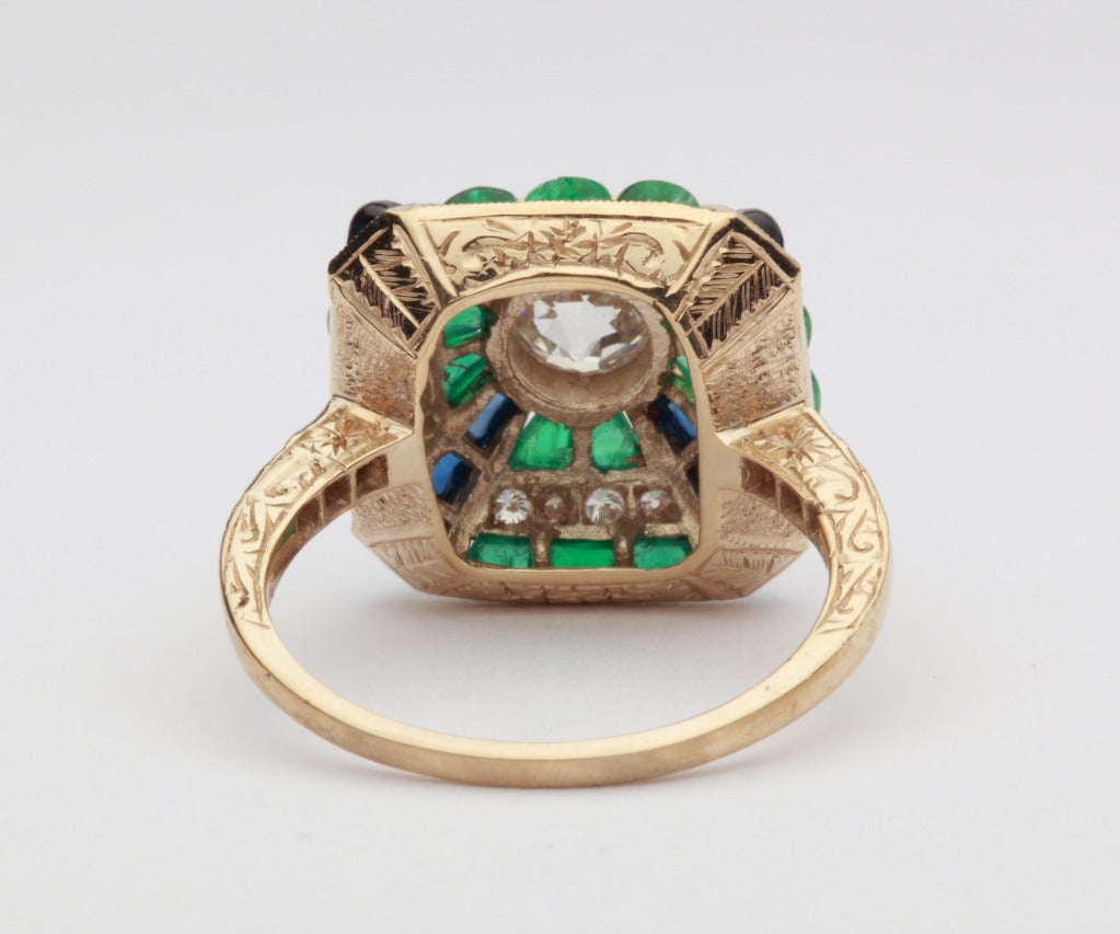 Art Deco Emerald Sapphire Diamond Gold Cluster Ring