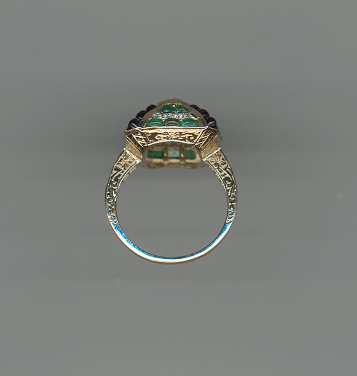 Old Mine Cut Emerald Sapphire Diamond Gold Cluster Ring