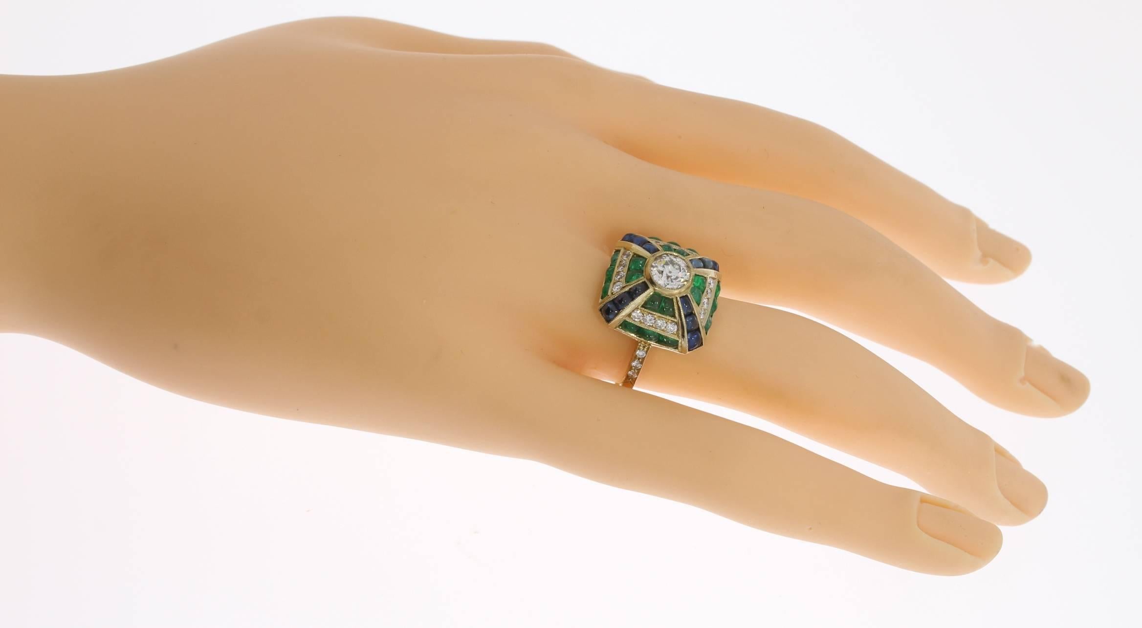 Women's Emerald Sapphire Diamond Gold Cluster Ring