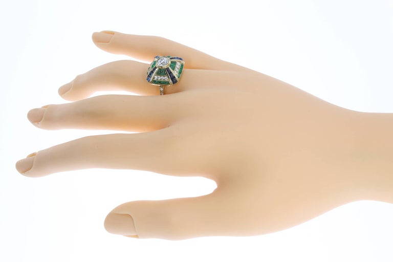 Emerald Sapphire Diamond Gold Cluster Ring at 1stDibs