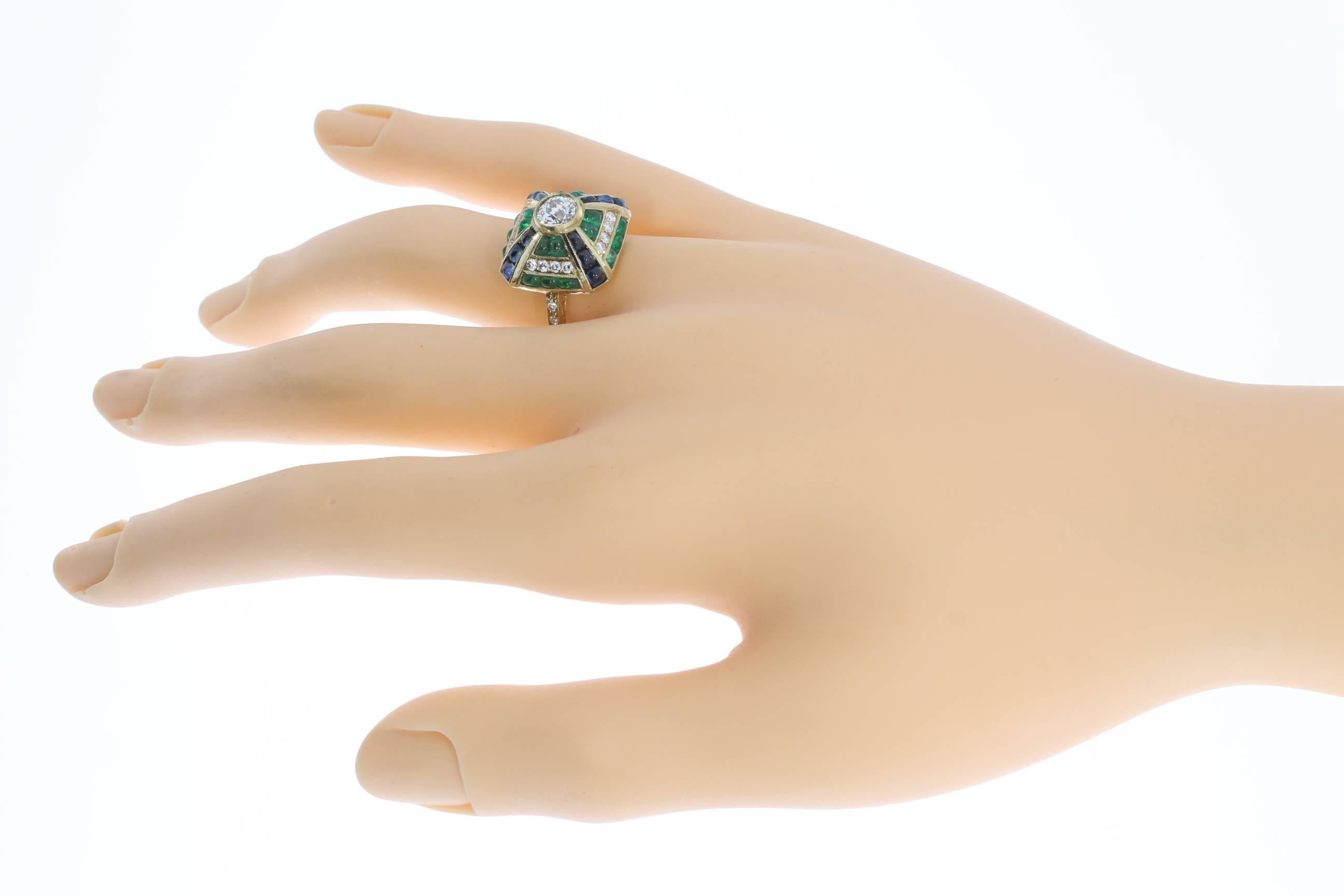 Emerald Sapphire Diamond Gold Cluster Ring 1