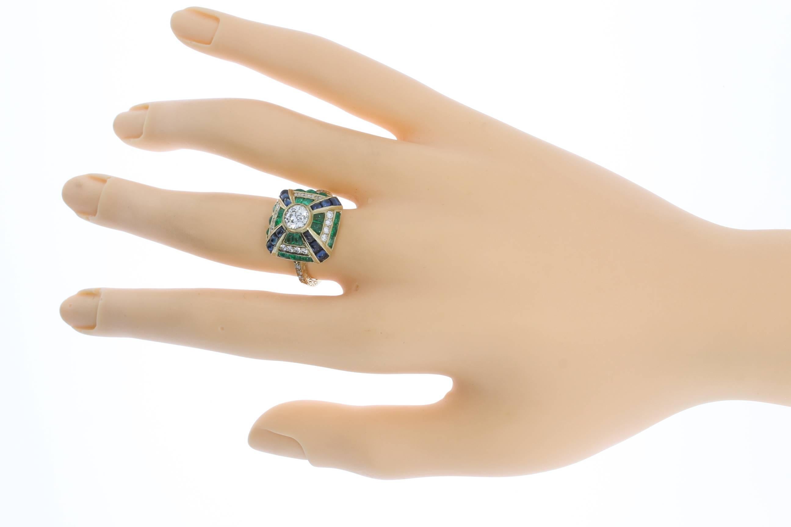 Emerald Sapphire Diamond Gold Cluster Ring 3