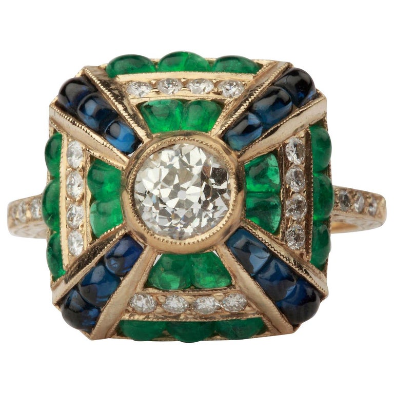 Emerald Sapphire Diamond Gold Cluster Ring at 1stDibs