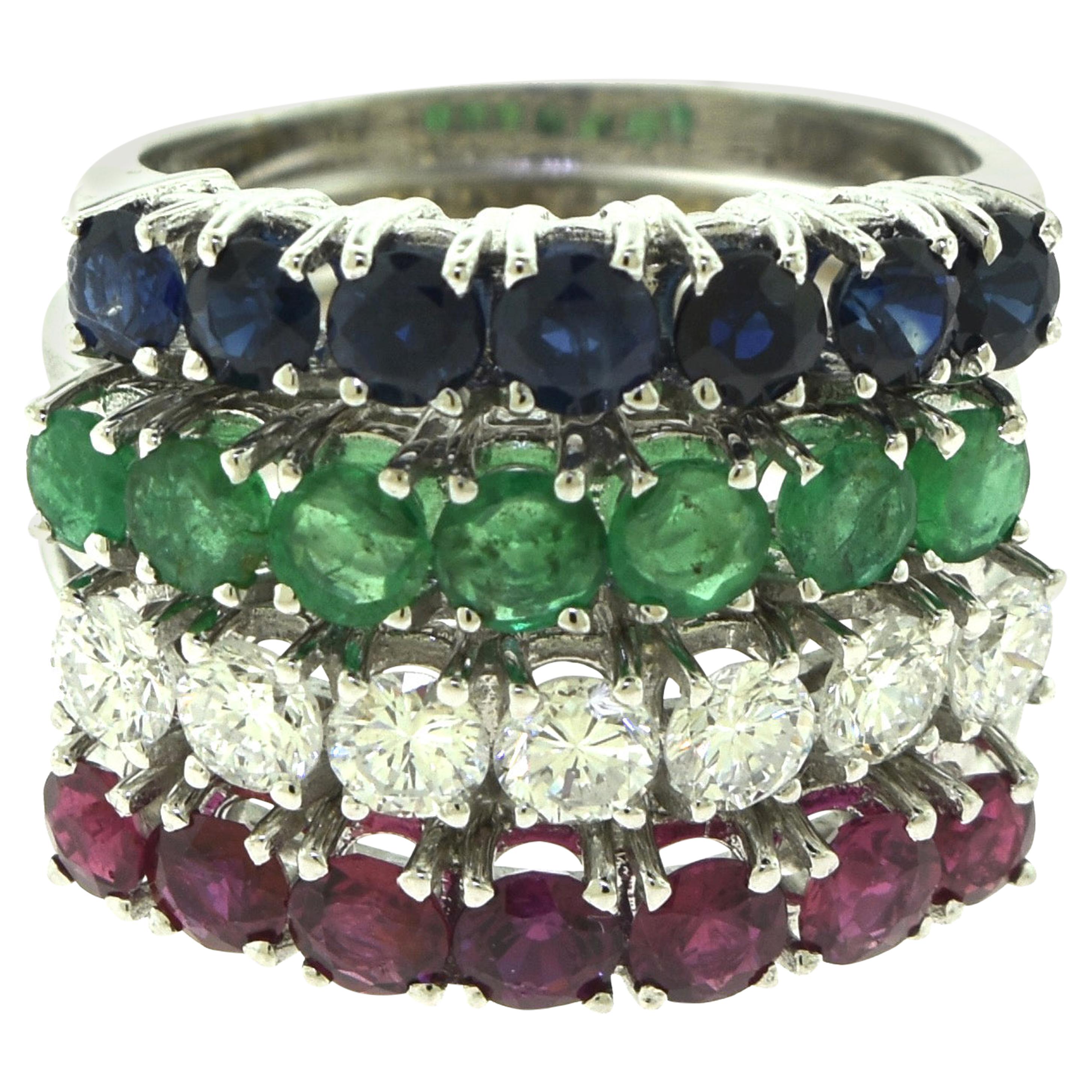 Emerald, Sapphire, Diamond, Ruby Stackable 4-Piece Ring Set