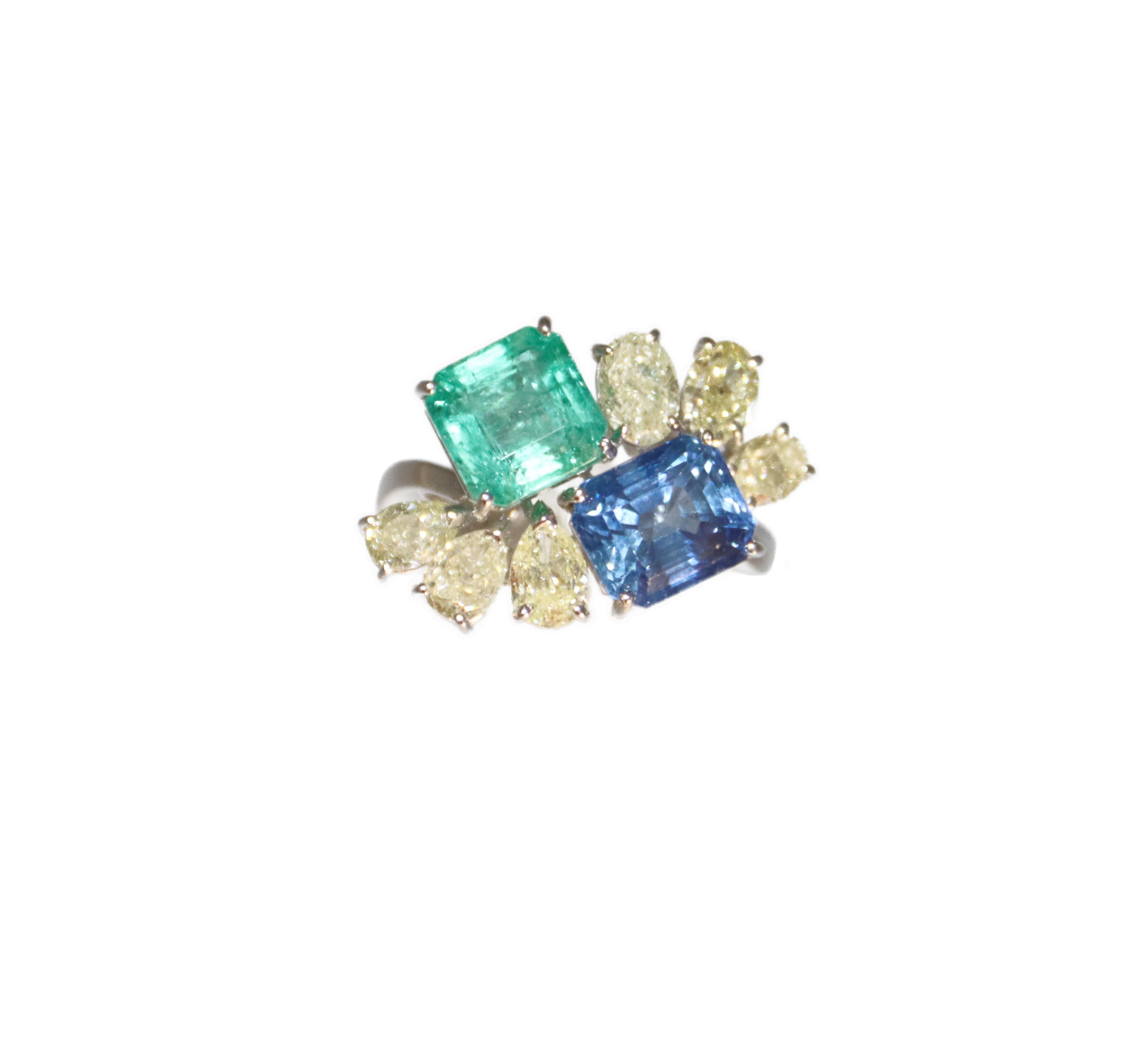 Emerald Sapphire Diamonds 18 Karats Wight Gold Cocktail Ring For Sale 9