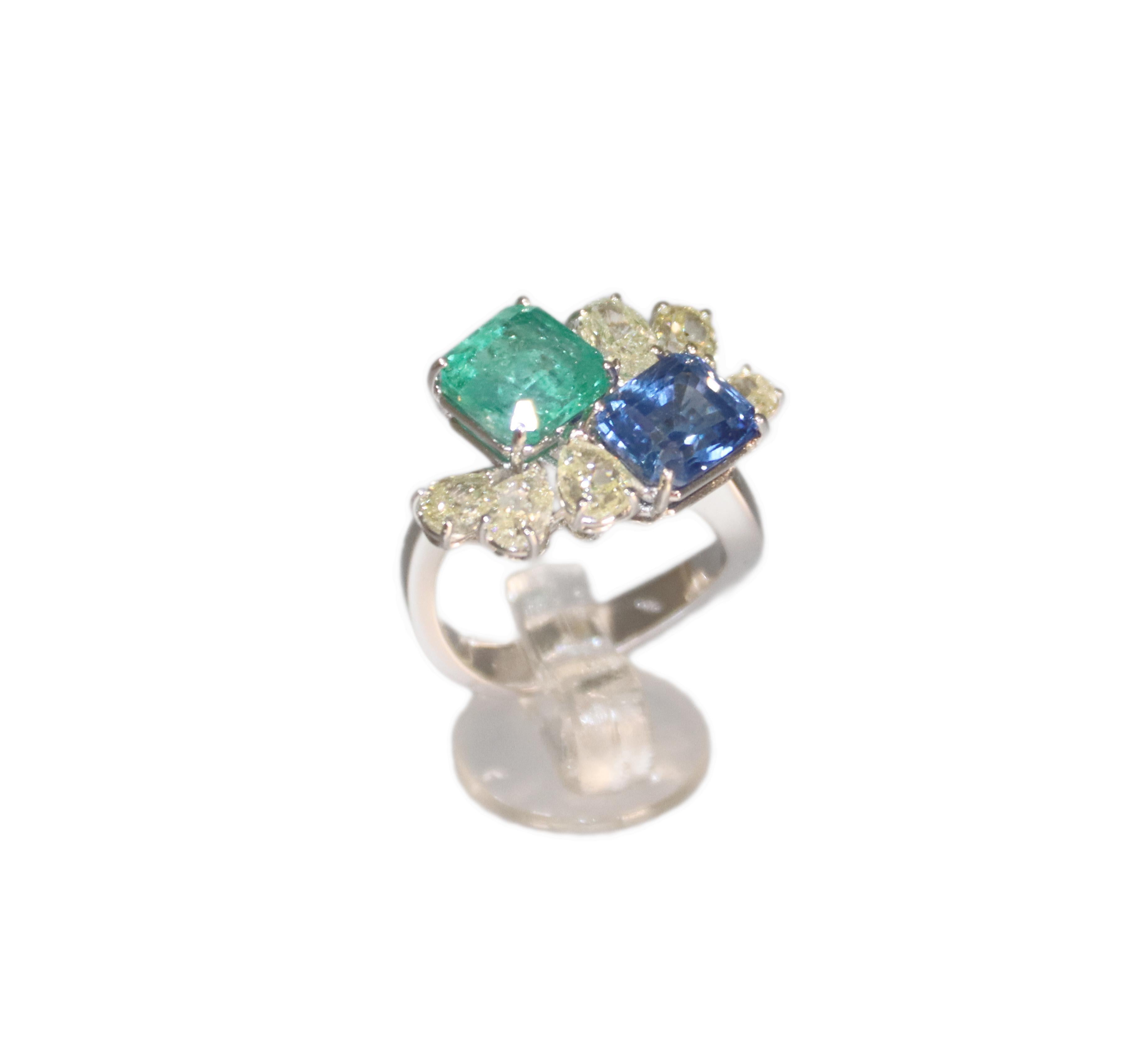 Emerald Sapphire Diamonds 18 Karats Wight Gold Cocktail Ring For Sale 10
