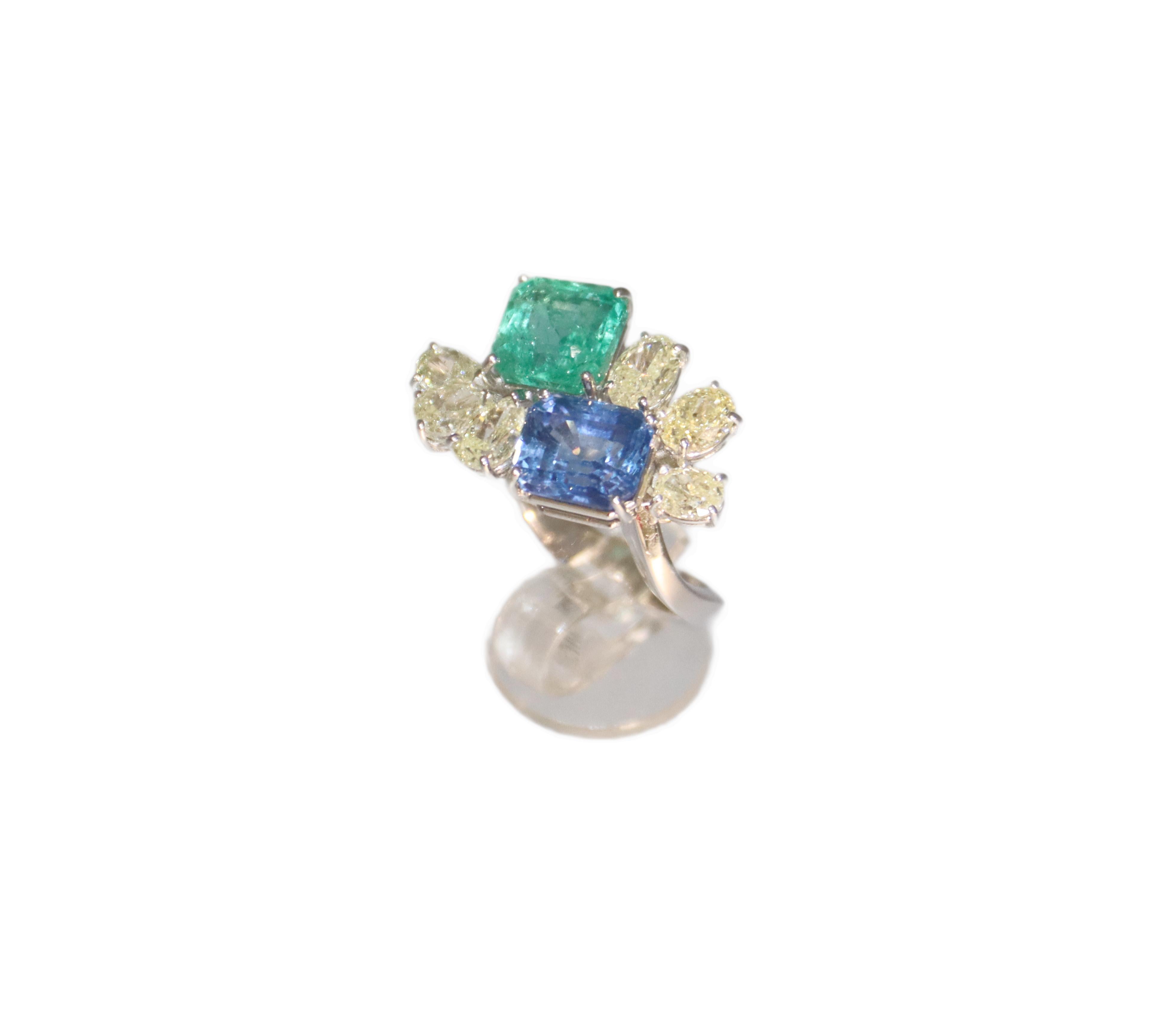 Emerald Sapphire Diamonds 18 Karats Wight Gold Cocktail Ring For Sale 11