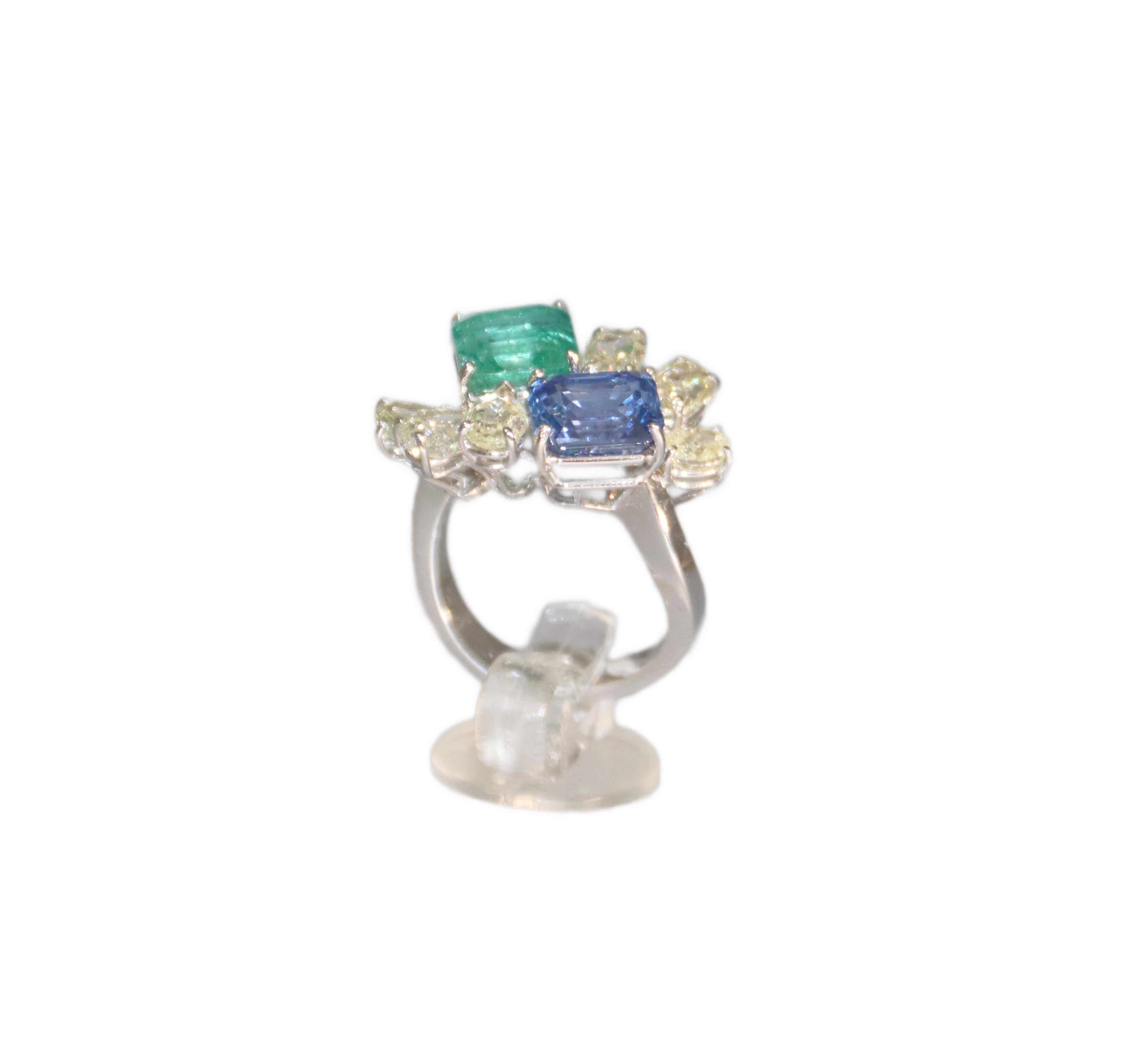 Emerald Sapphire Diamonds 18 Karats Wight Gold Cocktail Ring For Sale 12