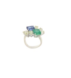 Anello da cocktail in oro 18 carati con diamanti e zaffiro smeraldo