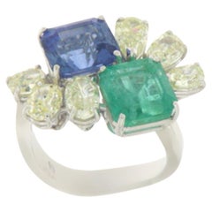 Emerald Sapphire Diamonds 18 Karats Wight Gold Cocktail Ring 