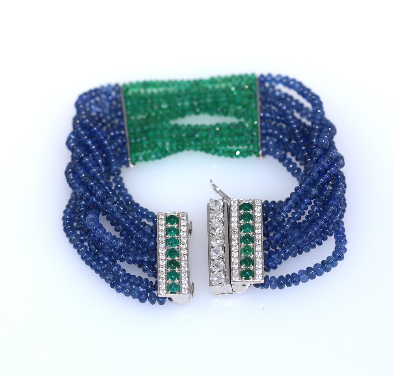 Round Cut Emerald Sapphire Diamonds Bracelet, 1970 For Sale