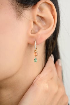Emerald Sapphire Drop Huggie Hoop Earrings for Women in 14k Solid Yellow Gold