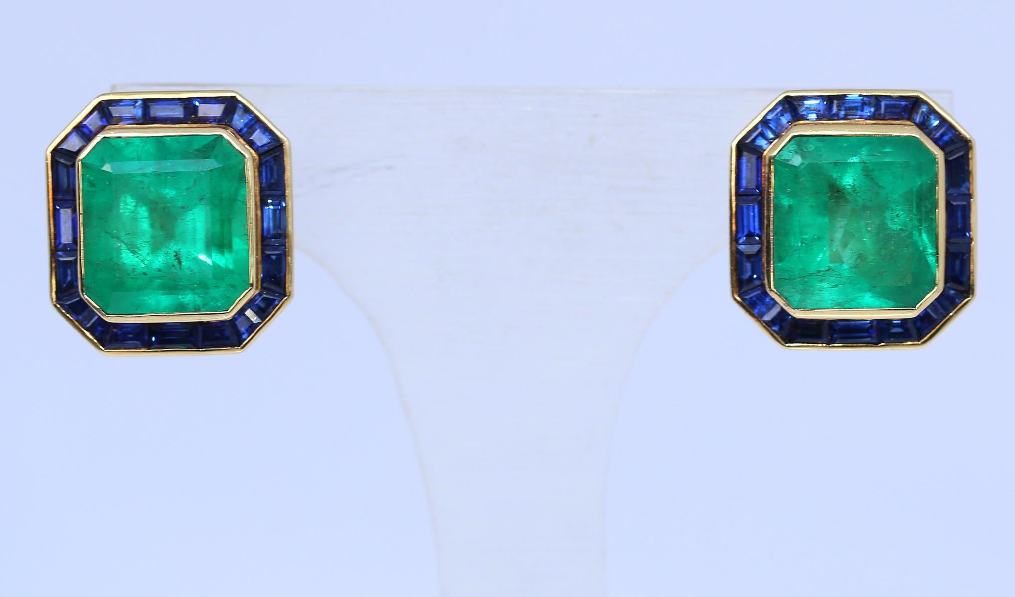 31 Carats Emerald Sapphire Earrings Yellow Gold Certified, 1975 For Sale 13
