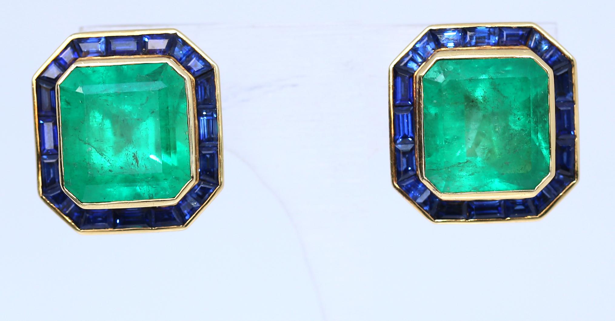 31 Carats Emerald Sapphire Earrings Yellow Gold Certified, 1975 For Sale 14