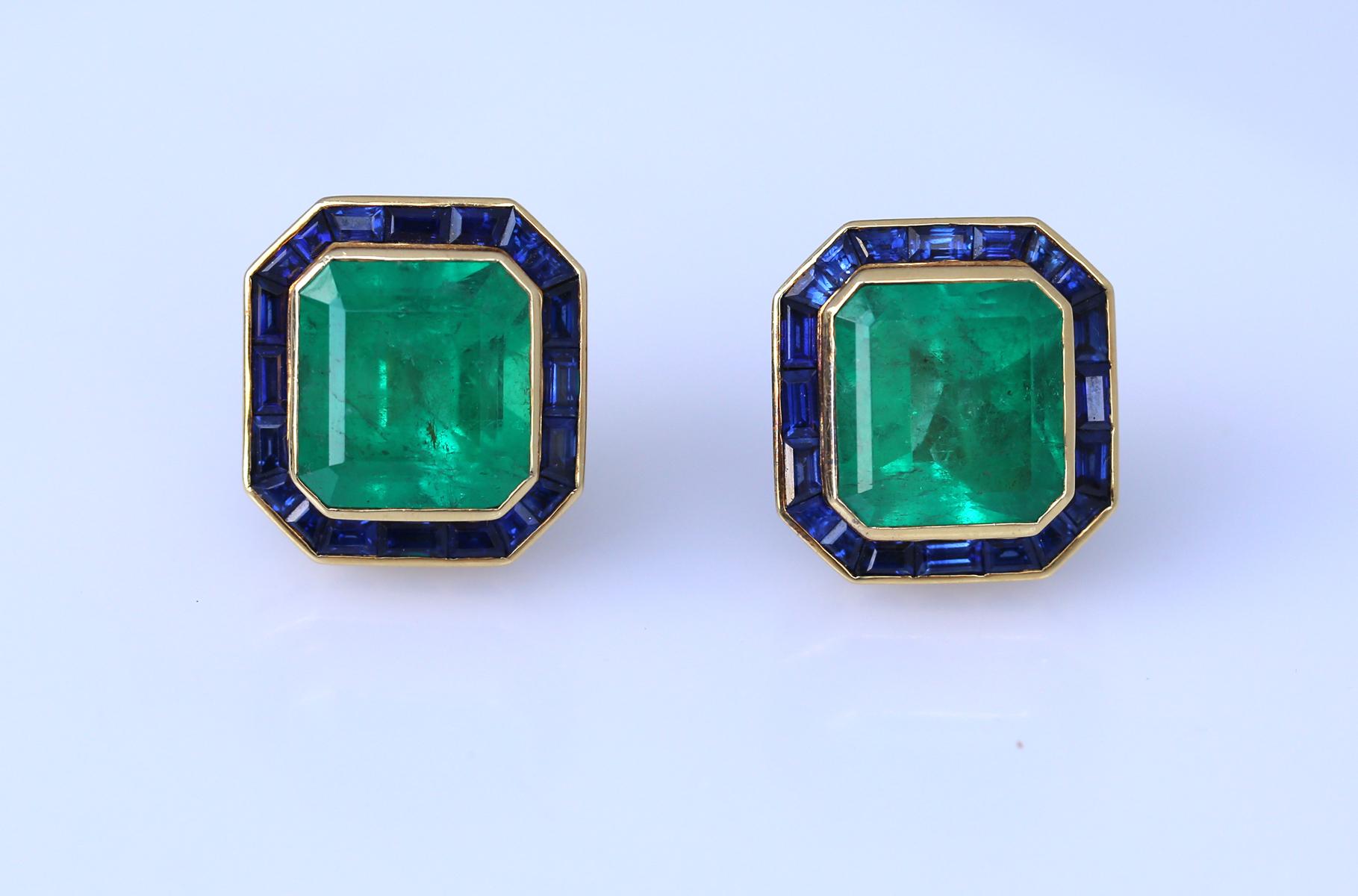 31 Carats Emerald Sapphire Earrings Yellow Gold Certified, 1975 For Sale 2