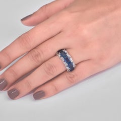 5.14 Carat Natural Blue Sapphire & Pear Diamond Band Ring, 14k White Gold