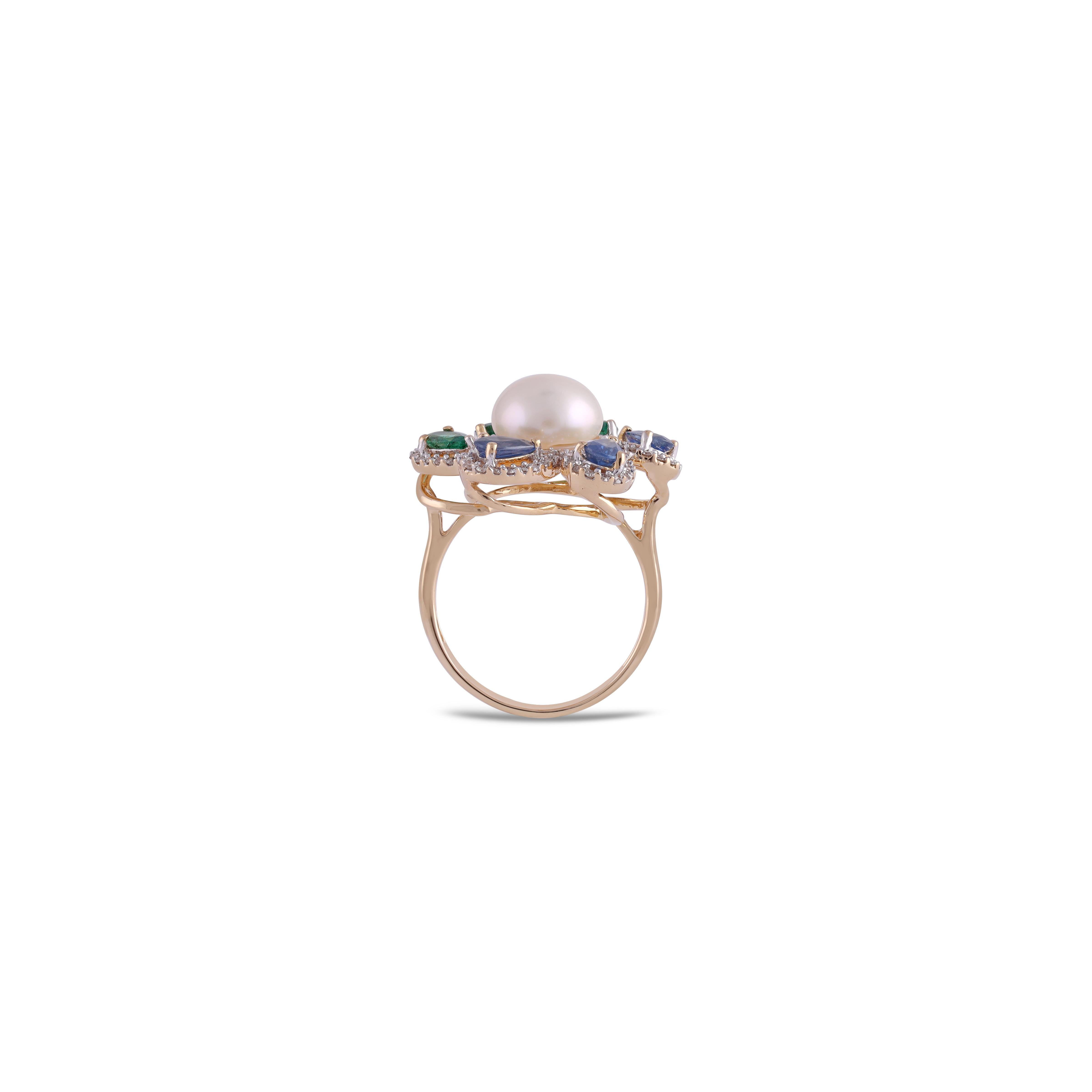 Contemporary Emerald, Sapphire, Pearl & Diamond Cluster & Cocktail Ring in 18 Karat Gold For Sale