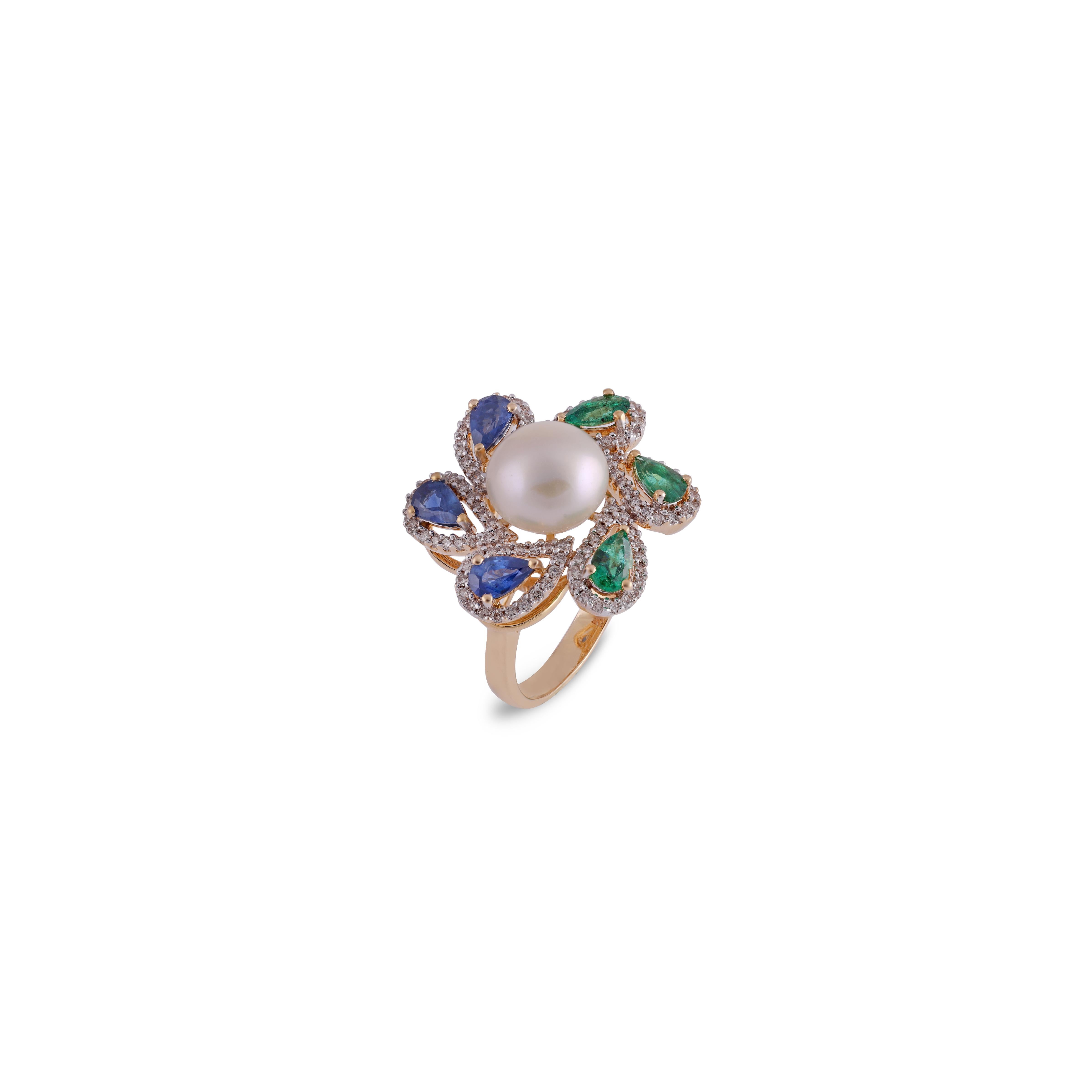 Mixed Cut Emerald, Sapphire, Pearl & Diamond Cluster & Cocktail Ring in 18 Karat Gold For Sale
