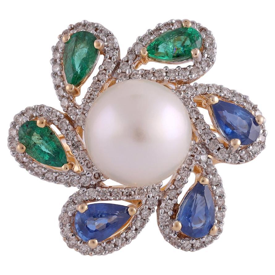 Emerald, Sapphire, Pearl & Diamond Cluster & Cocktail Ring in 18 Karat Gold For Sale