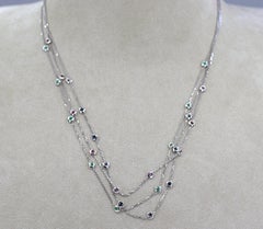 Emerald, Sapphire, Ruby, 14K White Gold Triple Strand Necklace