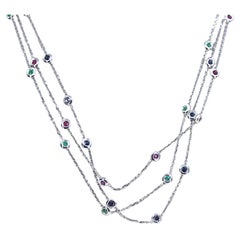 Emerald, Sapphire, Ruby, 14K White Gold Triple Strand Necklace