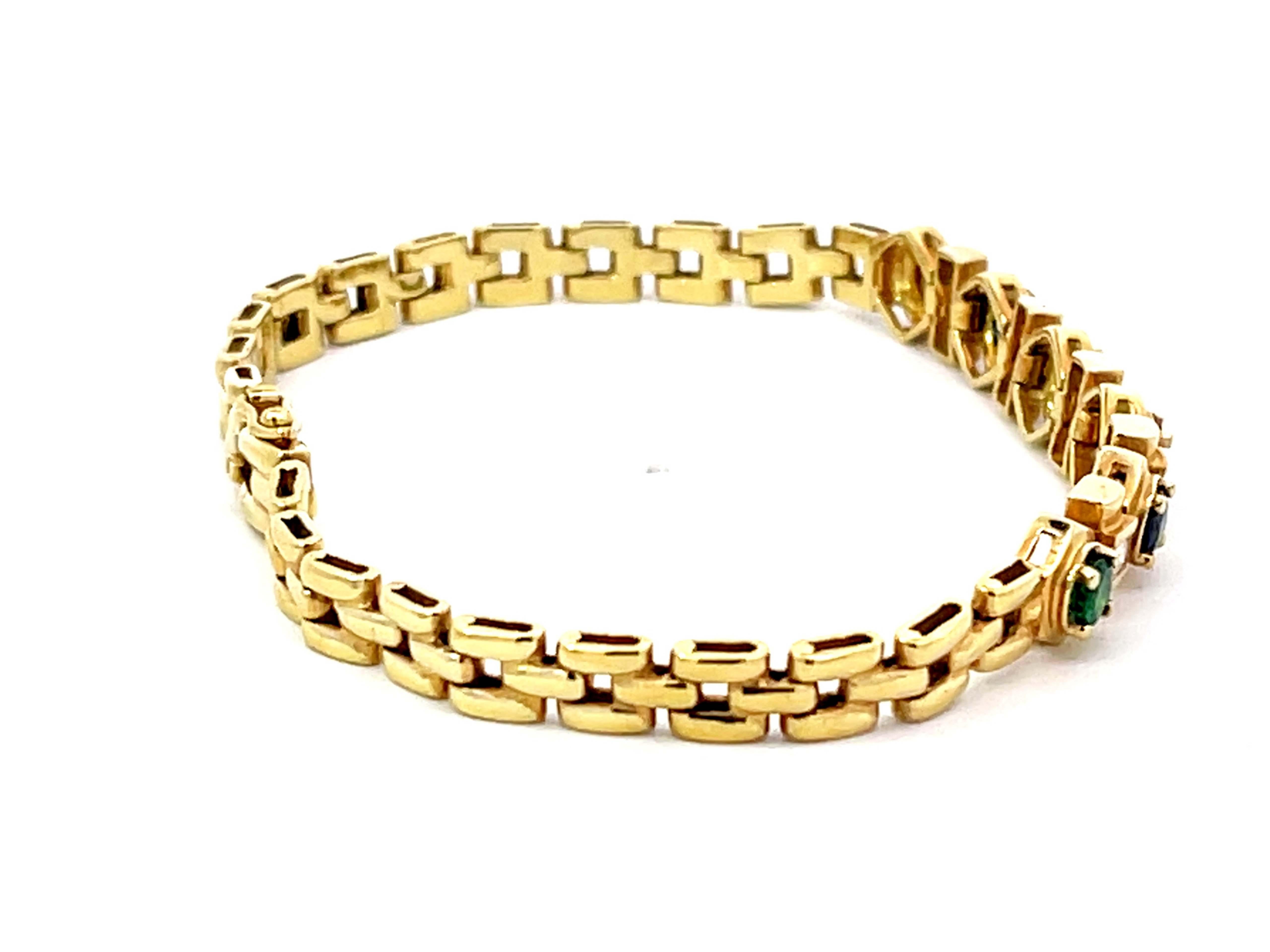 Modern Emerald Sapphire Ruby and Diamond Bracelet in 18k Yellow Gold For Sale