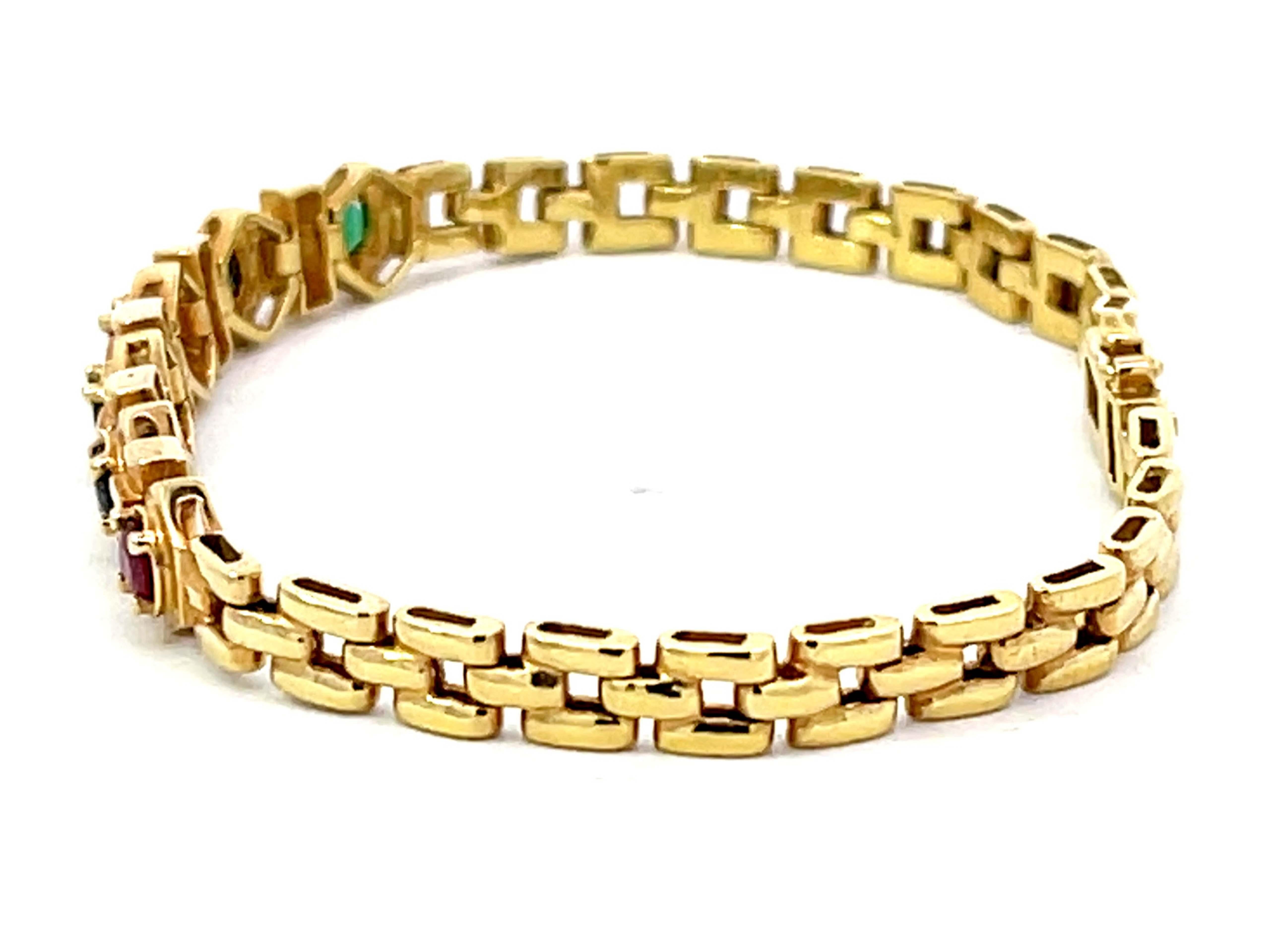 Round Cut Emerald Sapphire Ruby and Diamond Bracelet in 18k Yellow Gold For Sale