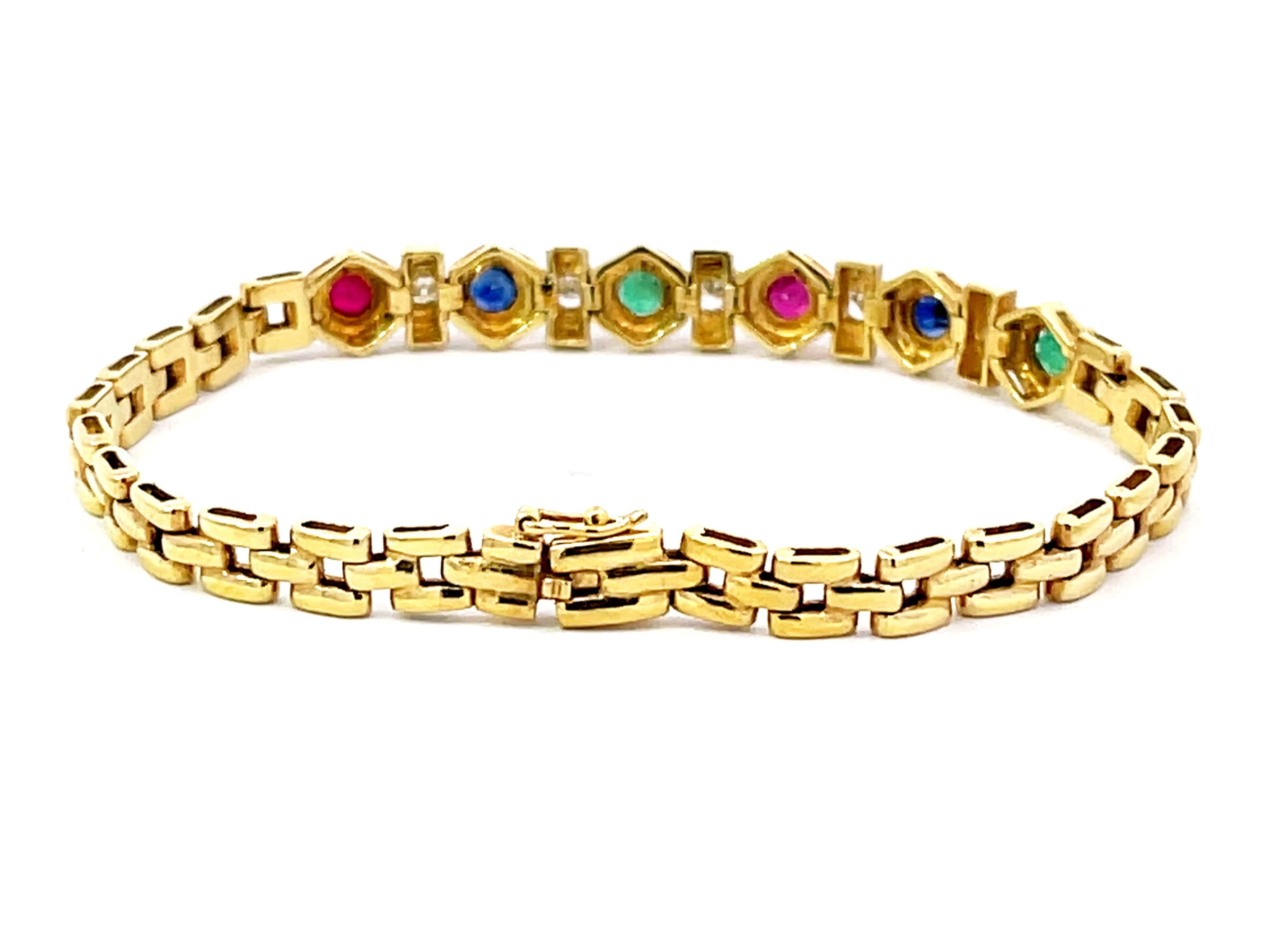 Taille ronde Bracelet émeraude saphir rubis et diamant en or jaune 18k en vente
