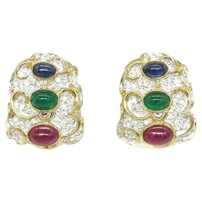 Emerald, Sapphire, Ruby and Diamond Earrings in 18k Yellow Gold