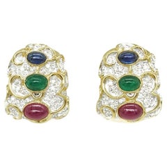 Retro Emerald, Sapphire, Ruby and Diamond Earrings in 18k Yellow Gold