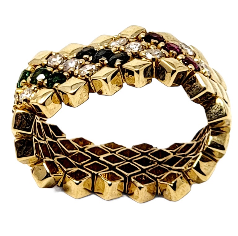 Emerald, Sapphire, Ruby and Diamond Flexible Link Ring 14 Karat Yellow ...