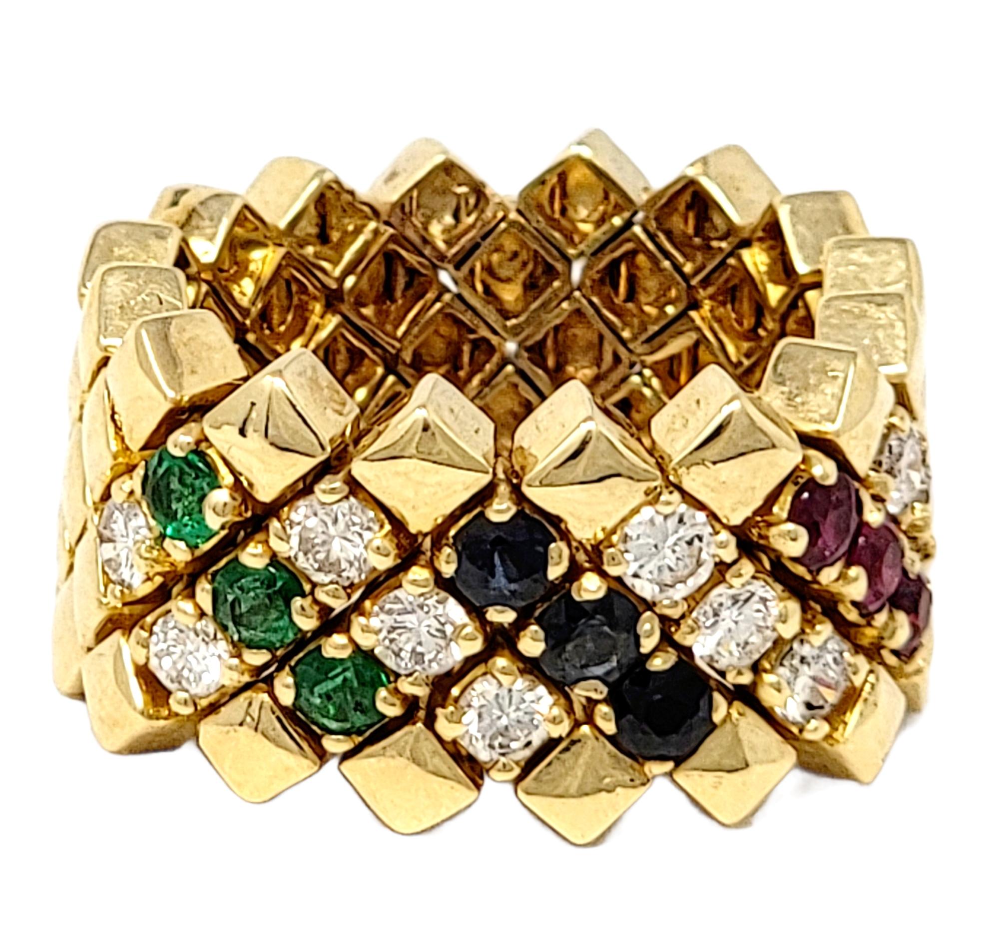 Emerald, Sapphire, Ruby and Diamond Flexible Link Ring 14 Karat Yellow Gold For Sale 2