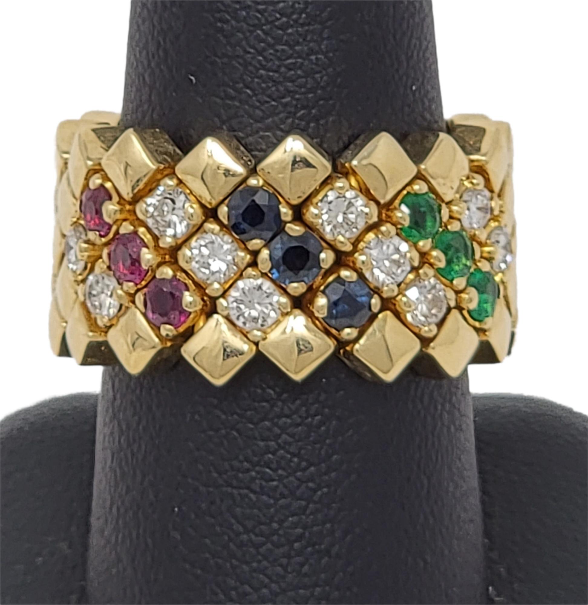 Emerald, Sapphire, Ruby and Diamond Flexible Link Ring 14 Karat Yellow Gold For Sale 3