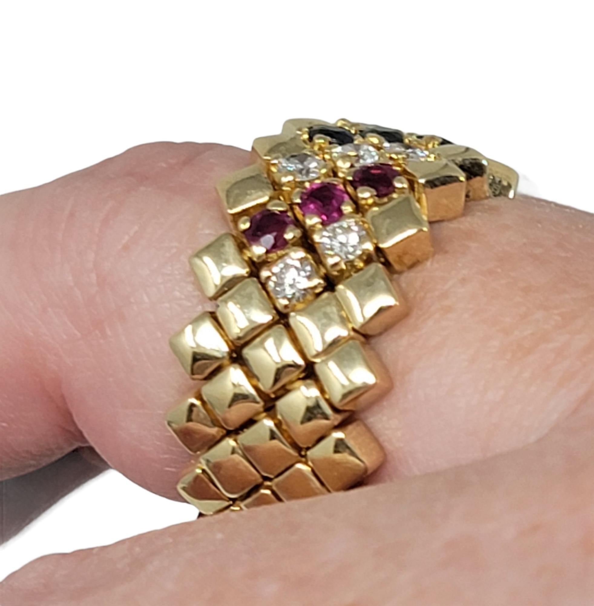 Round Cut Emerald, Sapphire, Ruby and Diamond Flexible Link Ring 14 Karat Yellow Gold For Sale