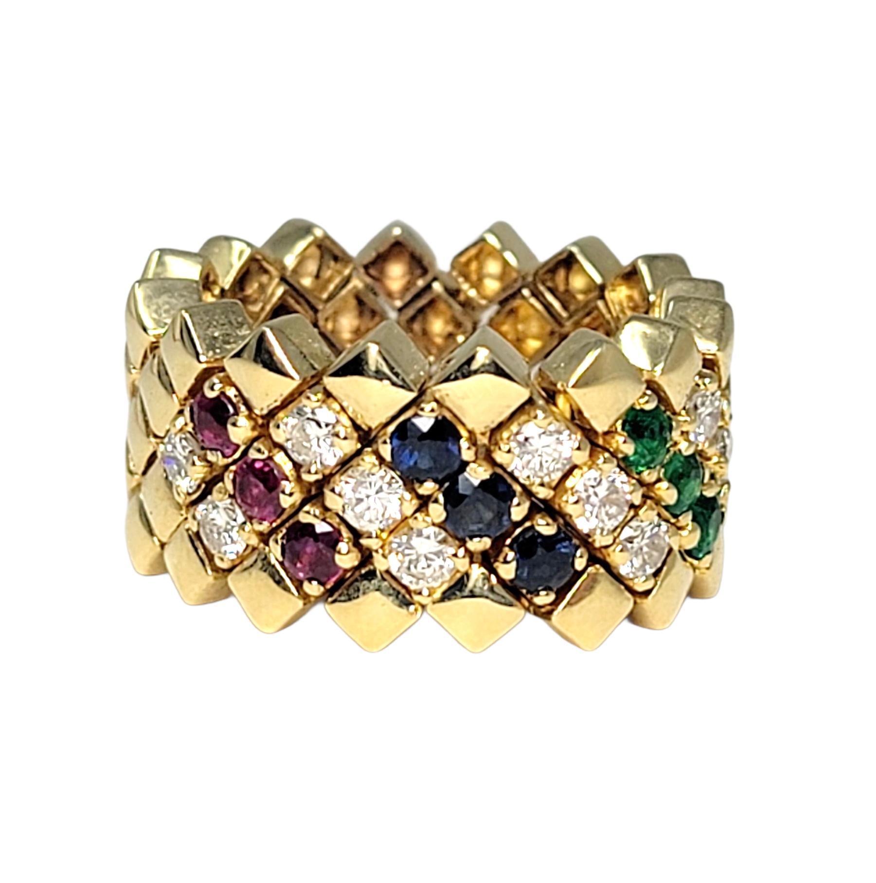 Emerald, Sapphire, Ruby and Diamond Flexible Link Ring 14 Karat Yellow Gold In Good Condition For Sale In Scottsdale, AZ