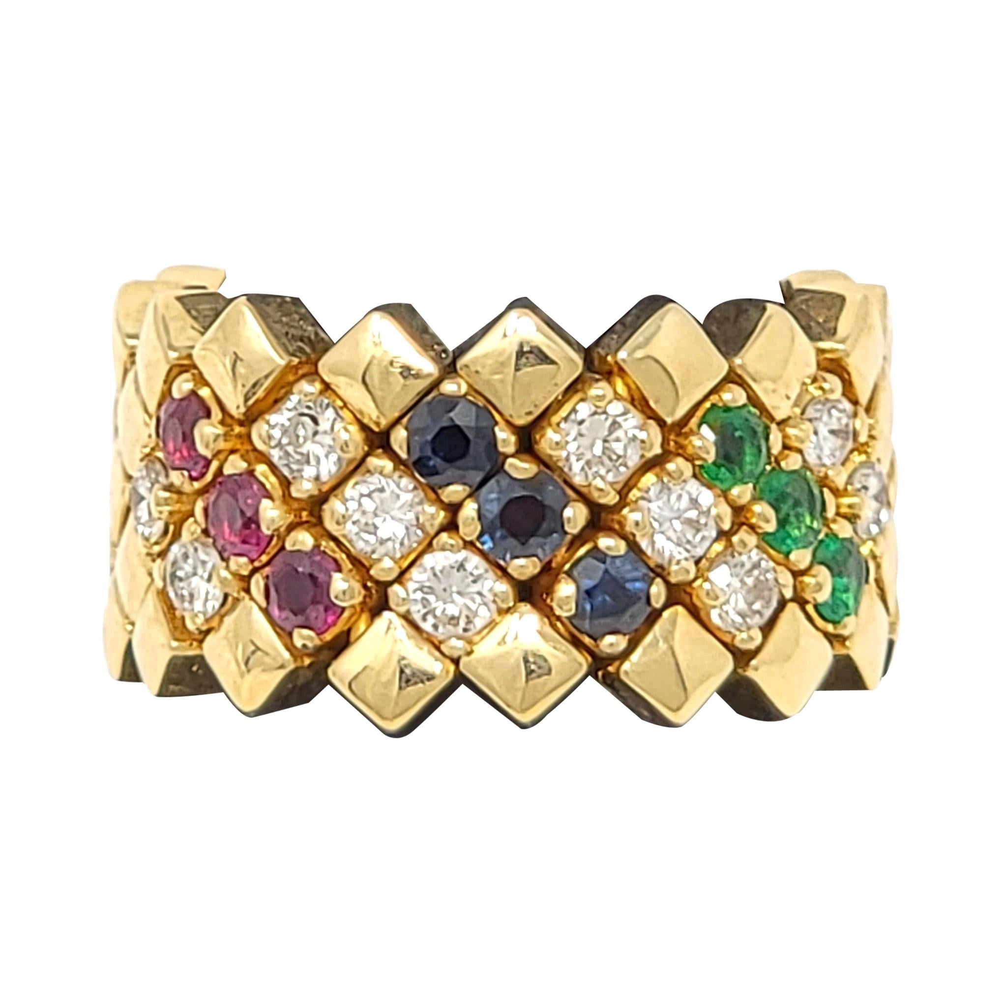 Emerald, Sapphire, Ruby and Diamond Flexible Link Ring 14 Karat Yellow Gold For Sale