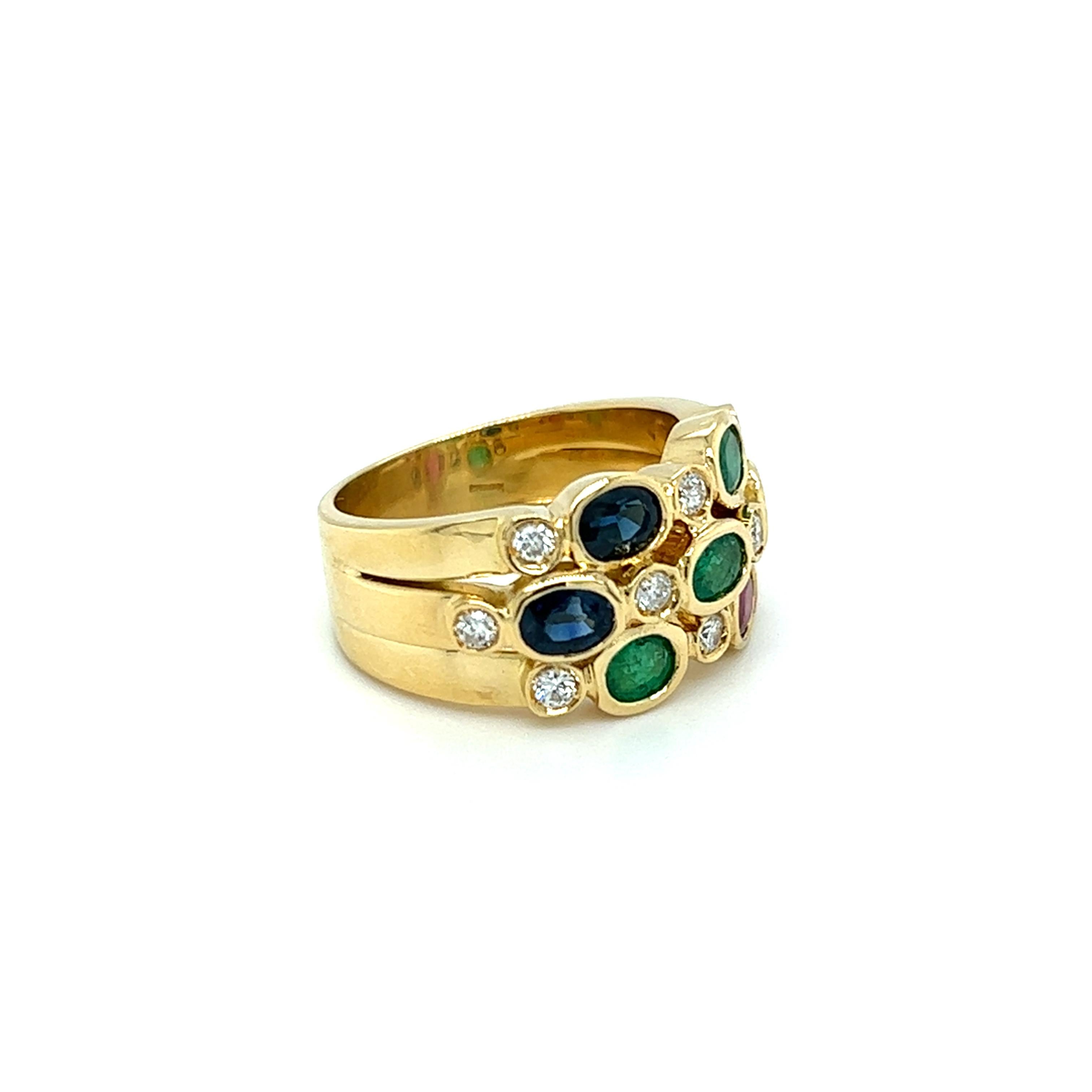 Contemporary Emerald, Sapphire, Ruby and Diamond Ring in 18K Gold