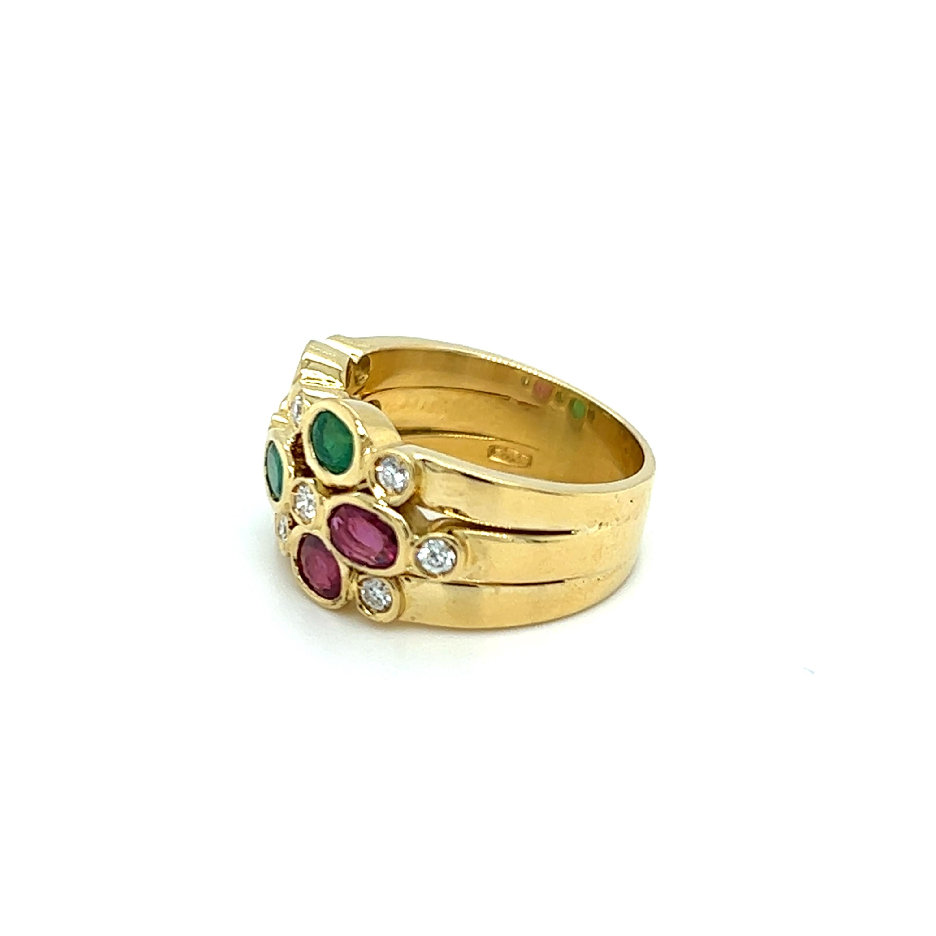 Oval Cut Emerald, Sapphire, Ruby and Diamond Ring in 18K Gold