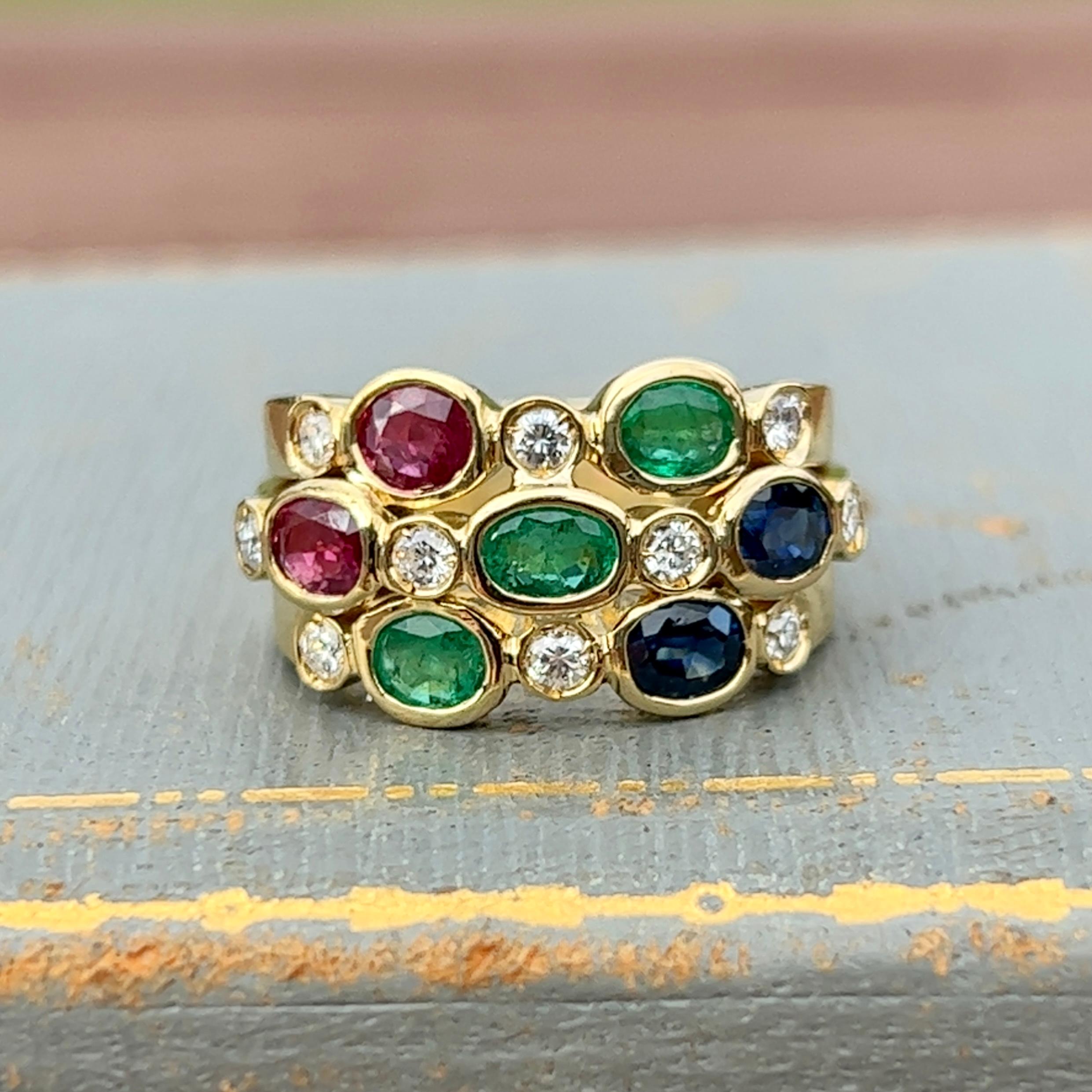 Women's Emerald, Sapphire, Ruby and Diamond Ring in 18K Gold