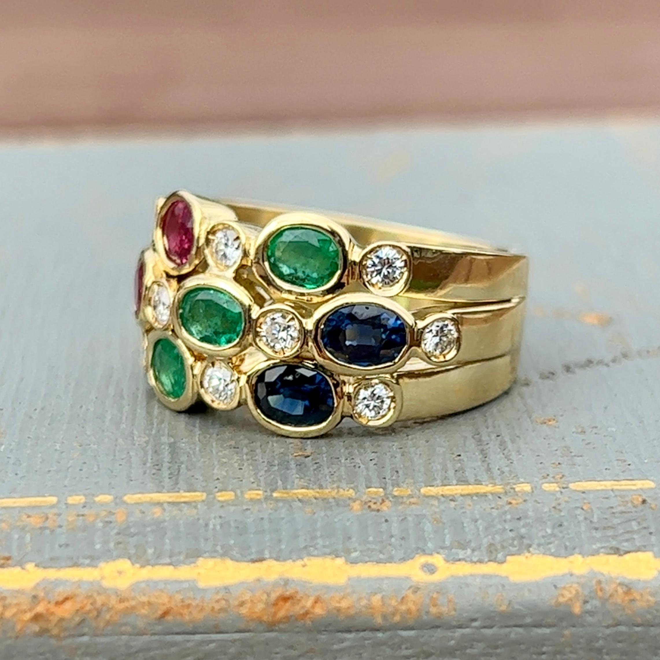Emerald, Sapphire, Ruby and Diamond Ring in 18K Gold 1