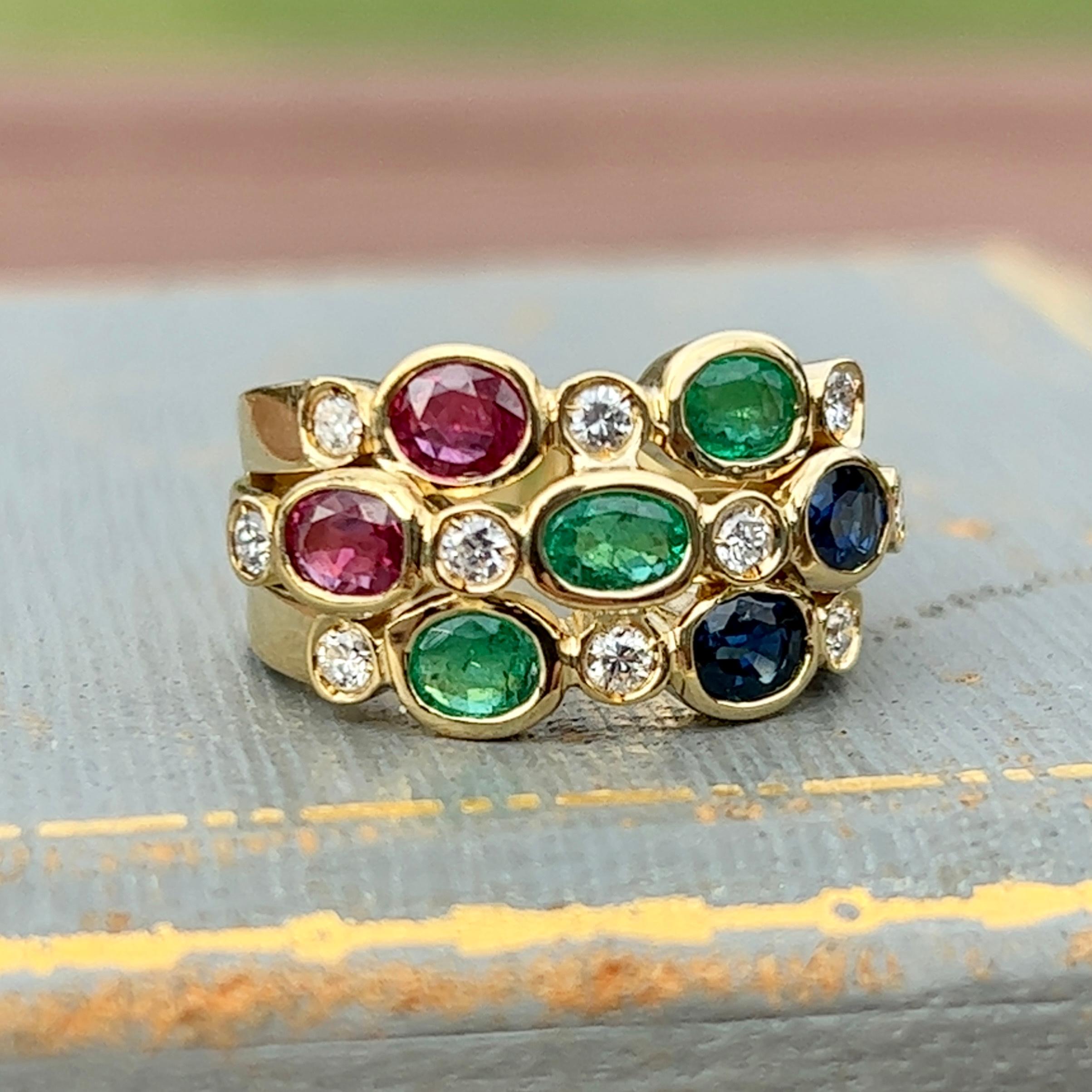 Emerald, Sapphire, Ruby and Diamond Ring in 18K Gold 2