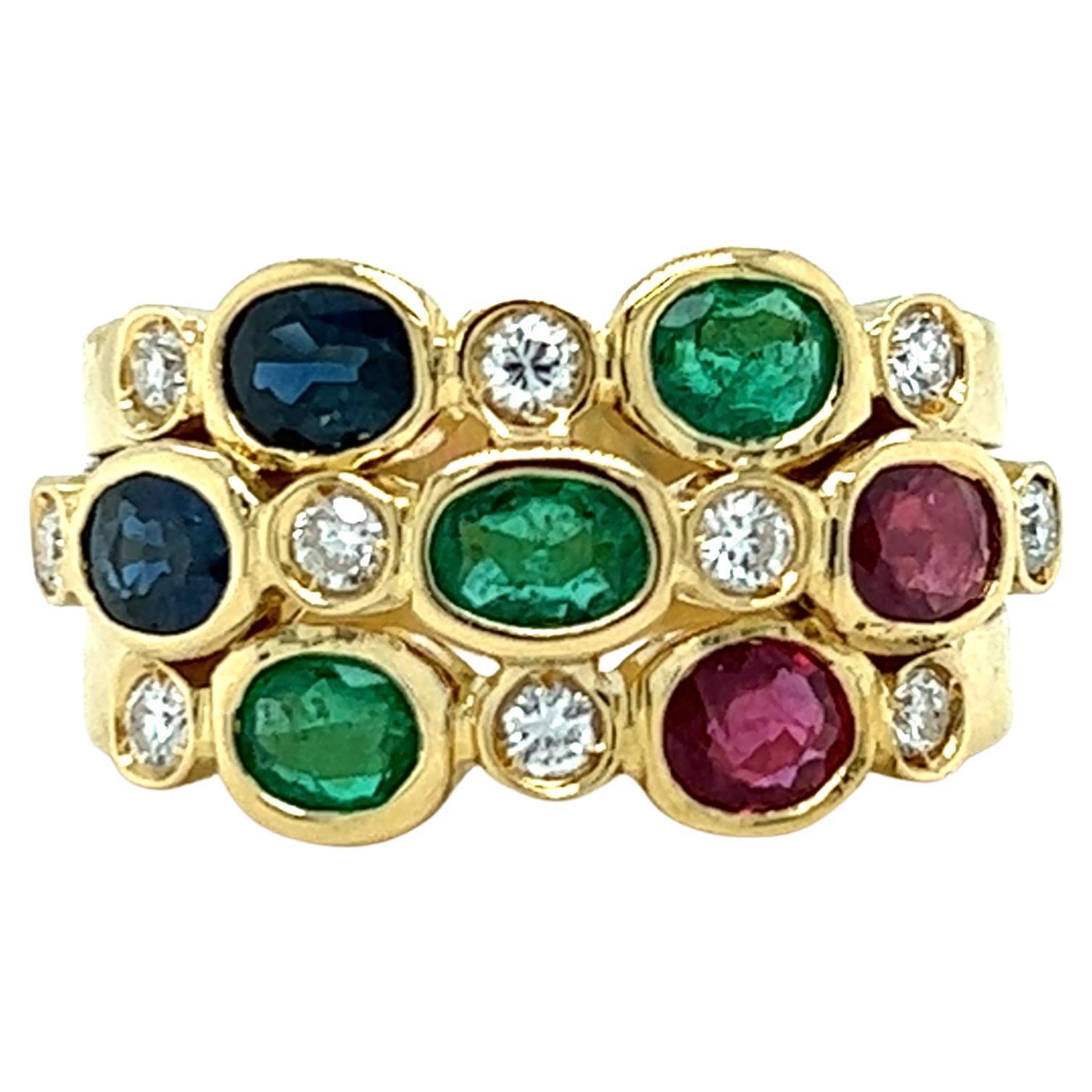 Emerald, Sapphire, Ruby and Diamond Ring in 18K Gold